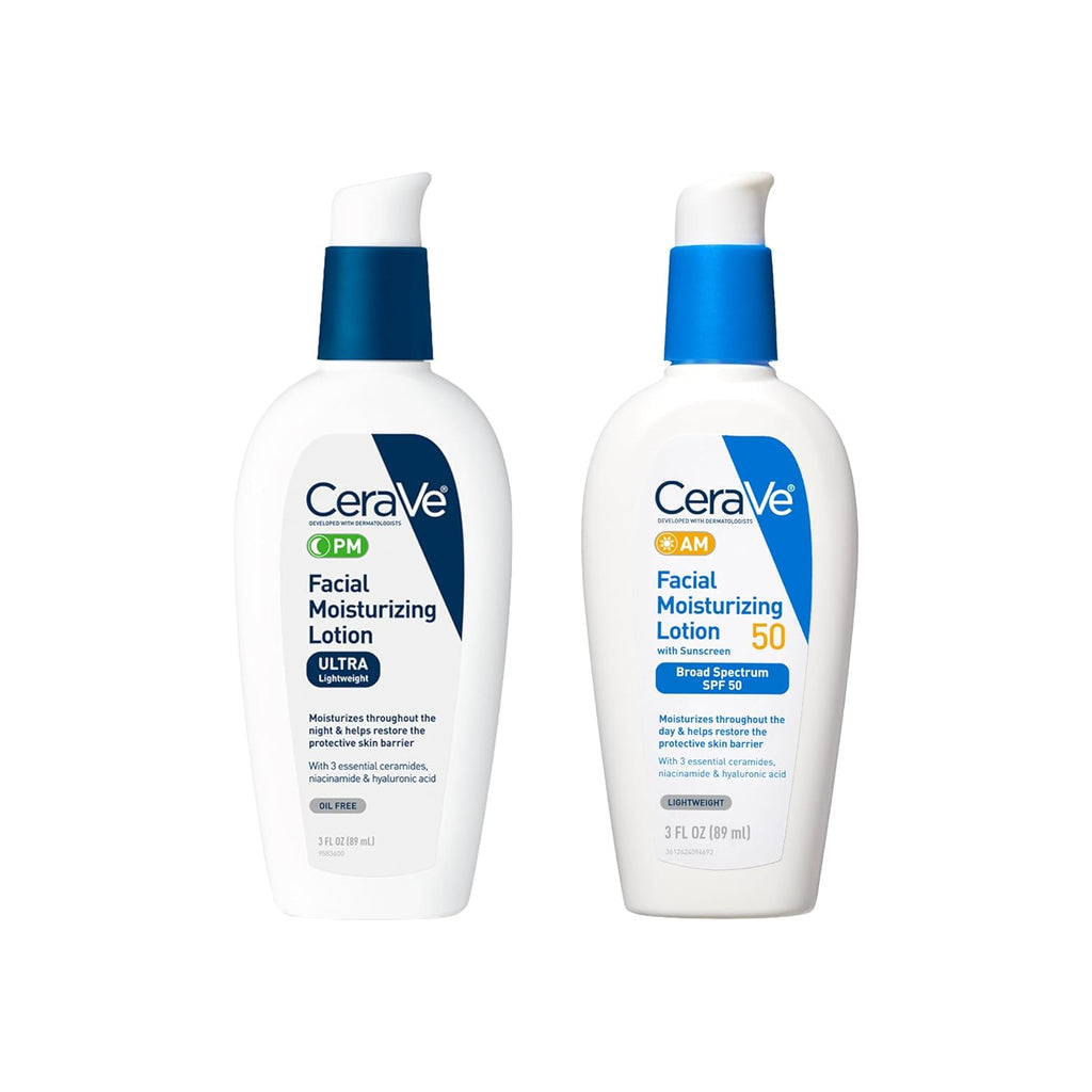 Two bottles of CeraVe facial moisturizing lotion on a white background