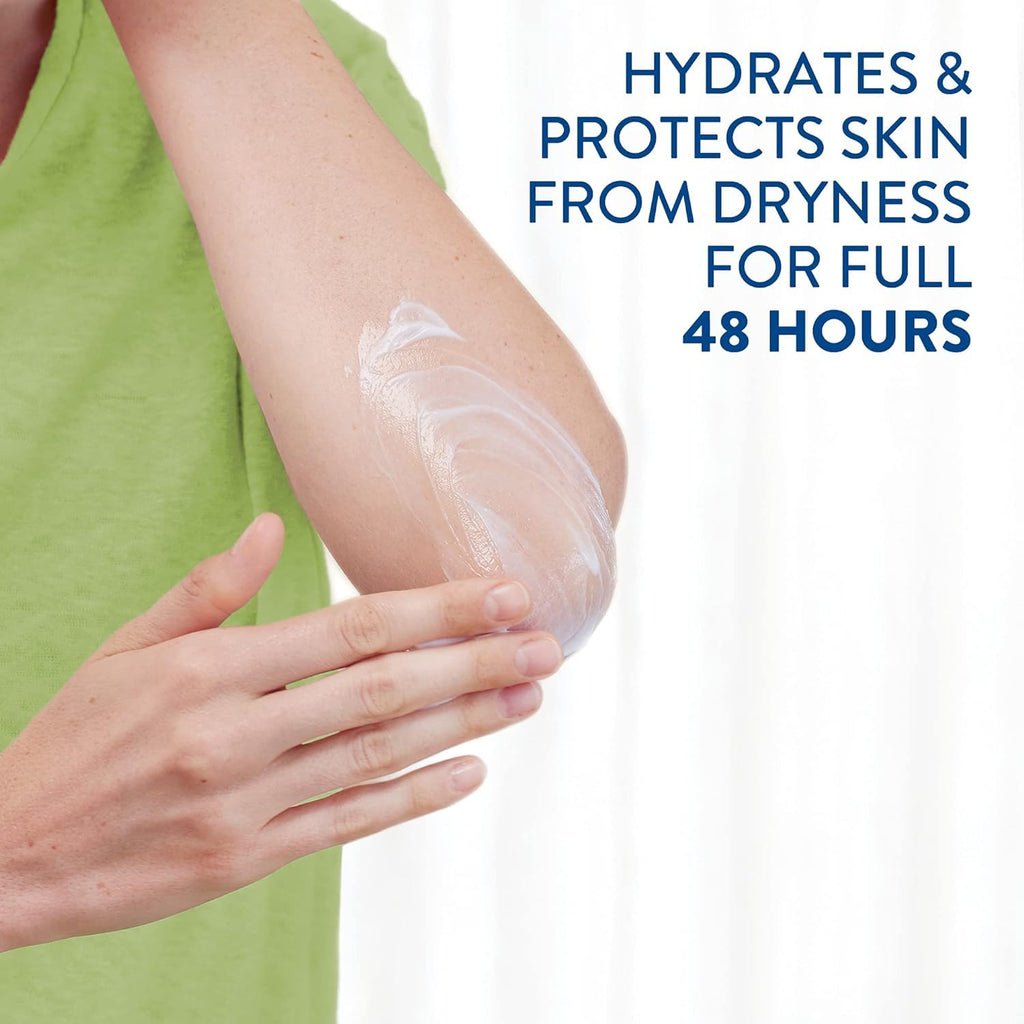 Person applying cream to their arm with text about skin hydration and protection.