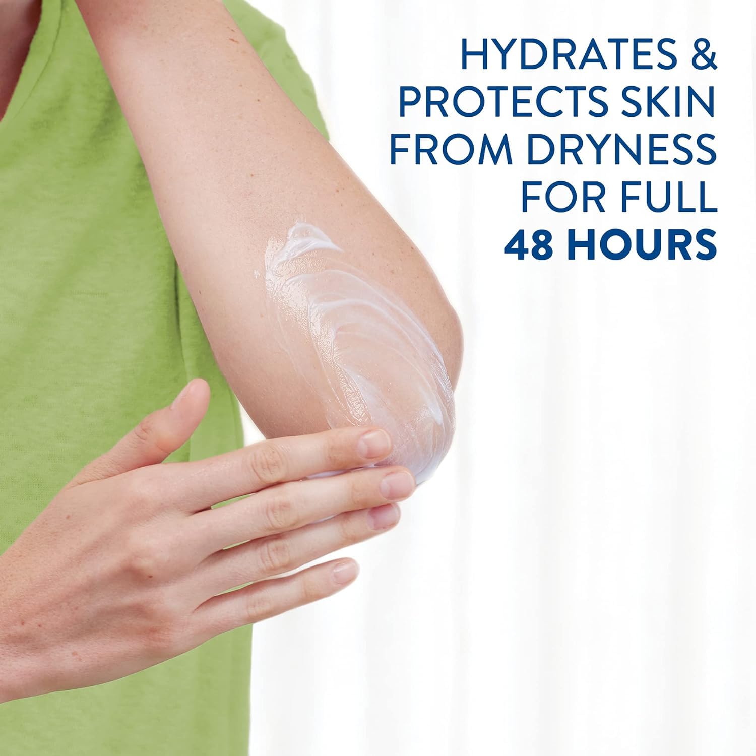 Person applying cream to their arm with text about skin hydration and protection.