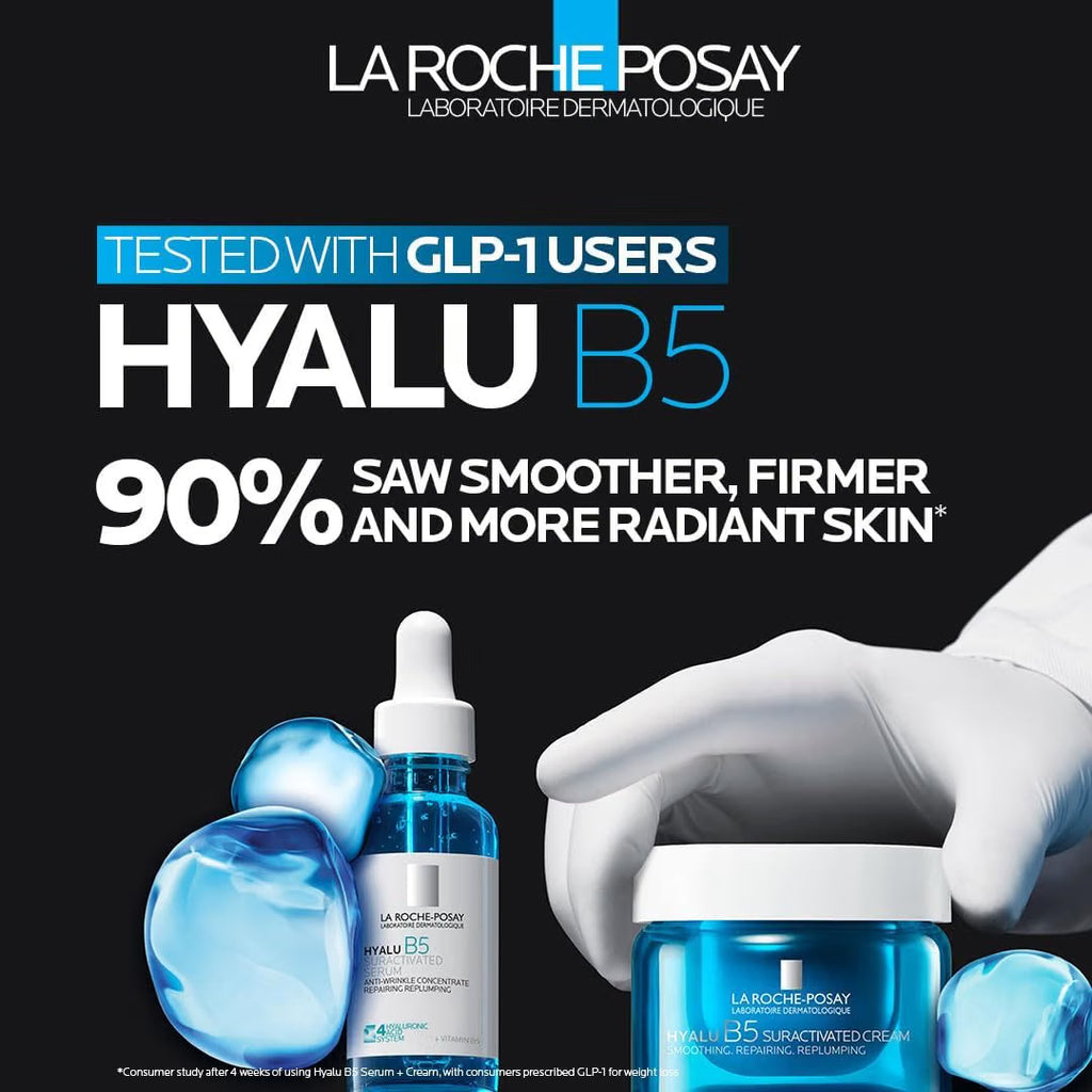 La Roche-Posay Hyalu B5 skincare products with text on a black background