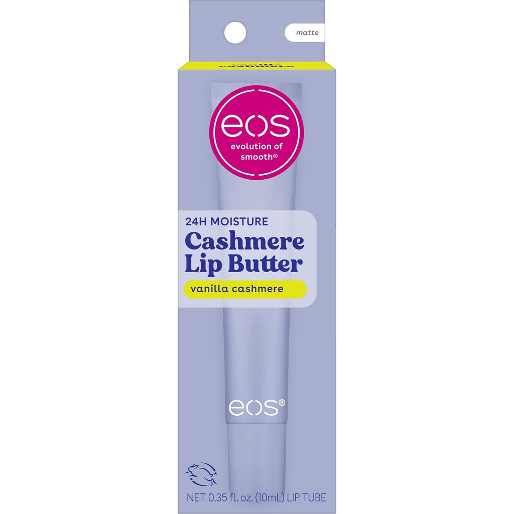 A package of EOS Cashmere Lip Butter in vanilla cashmere, featuring a lavender box with a pink circular logo and a graphic of the lip butter tube.