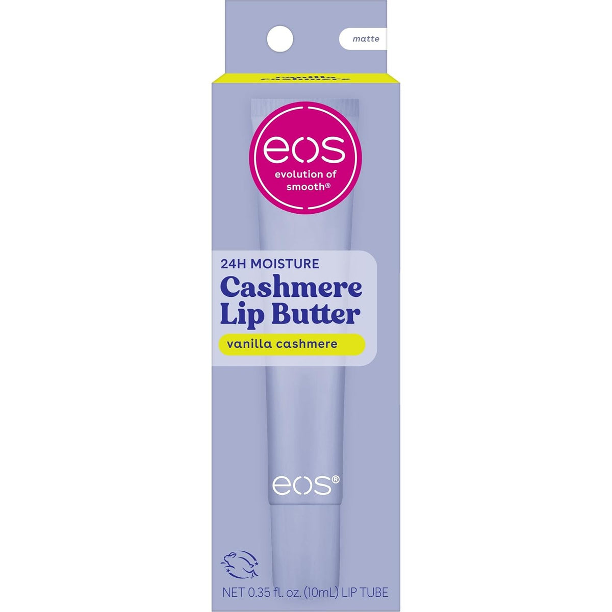 A package of EOS Cashmere Lip Butter in vanilla cashmere, featuring a lavender box with a pink circular logo and a graphic of the lip butter tube.