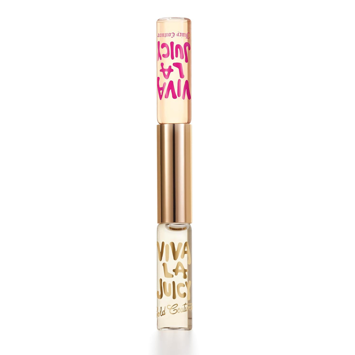 A single tube of Juicy Couture VIVA LA JUICIE lip gloss, featuring a metallic gold cap and base with pink and gold lettering, set against a plain white background.