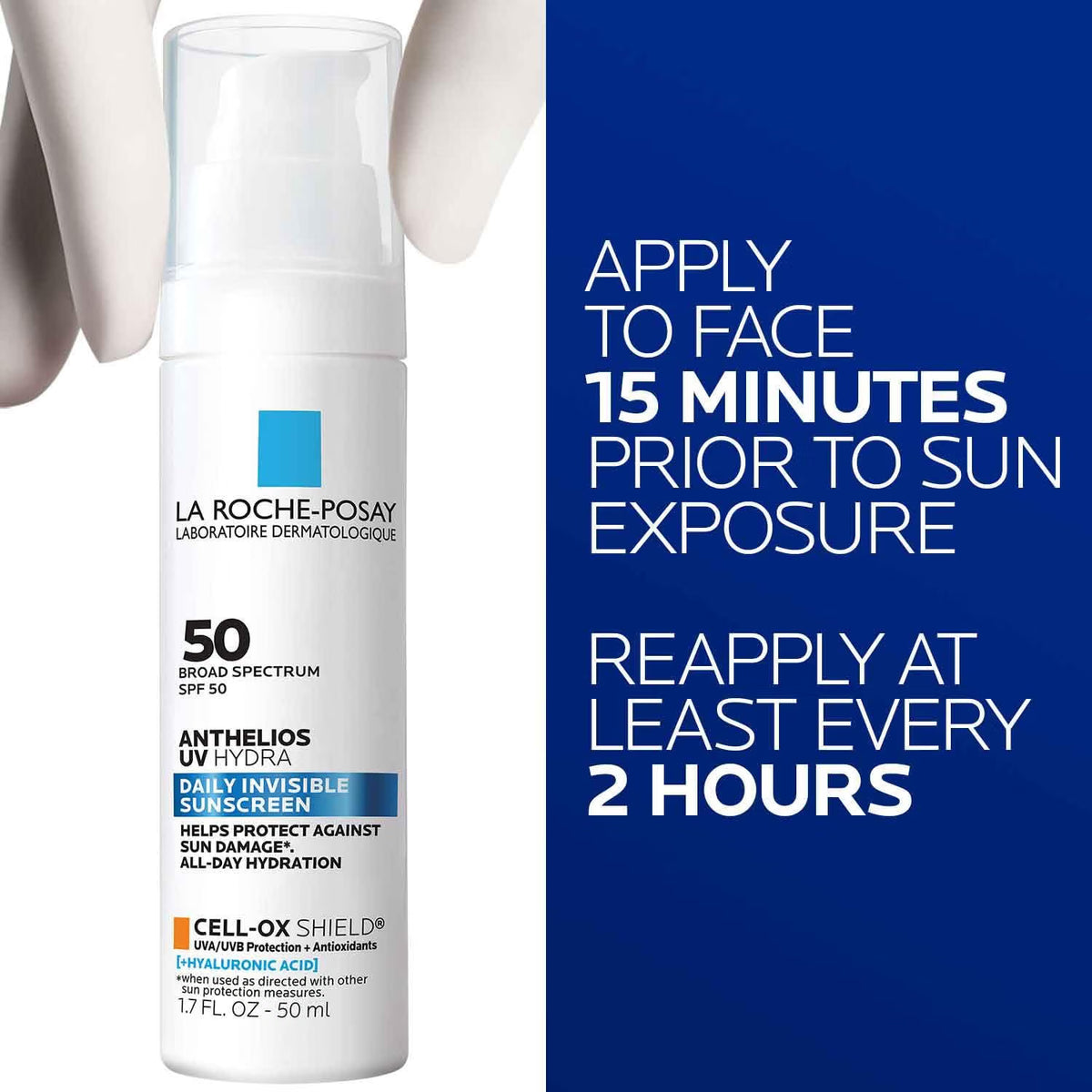 La Roche-Posay sunscreen bottle with application instructions on a blue background