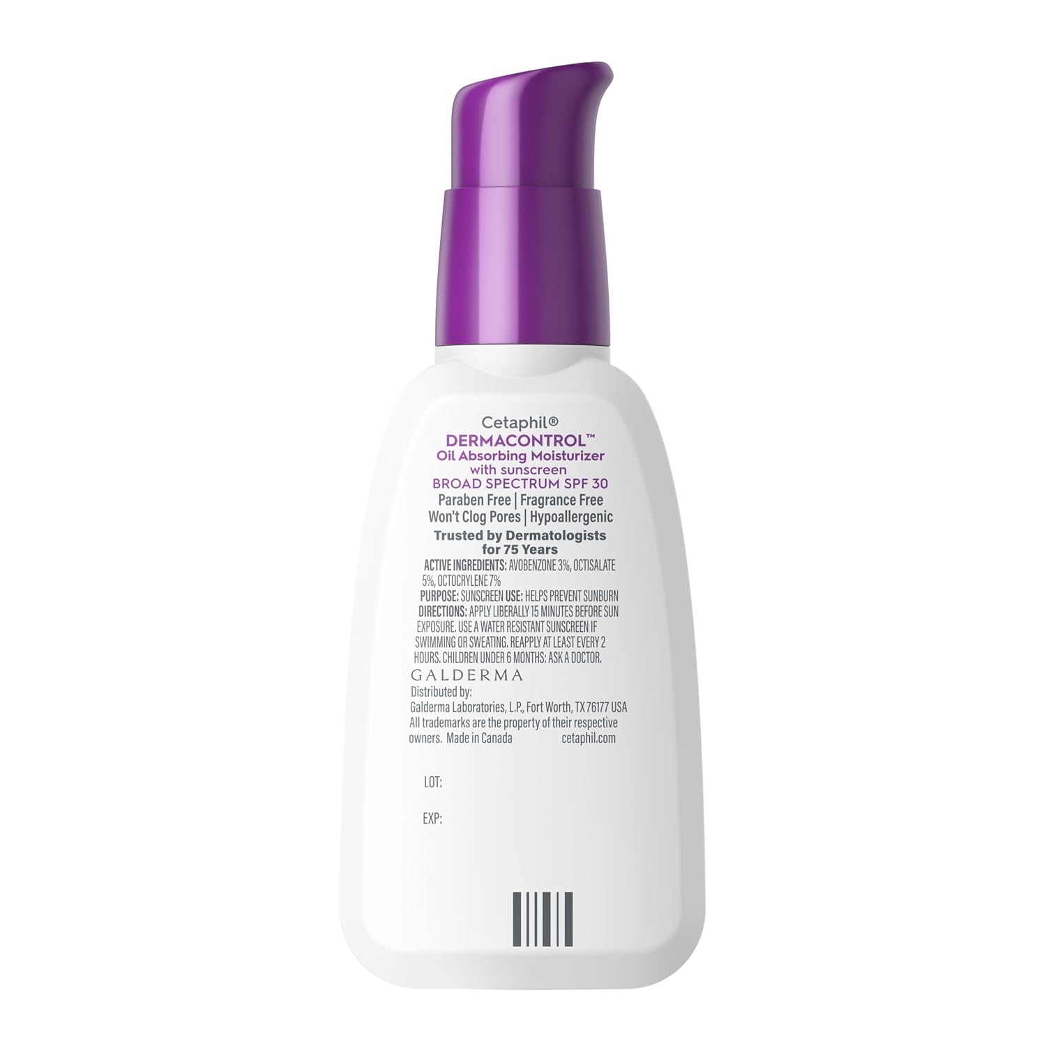 Skincare bottle with purple cap and white body on a white background