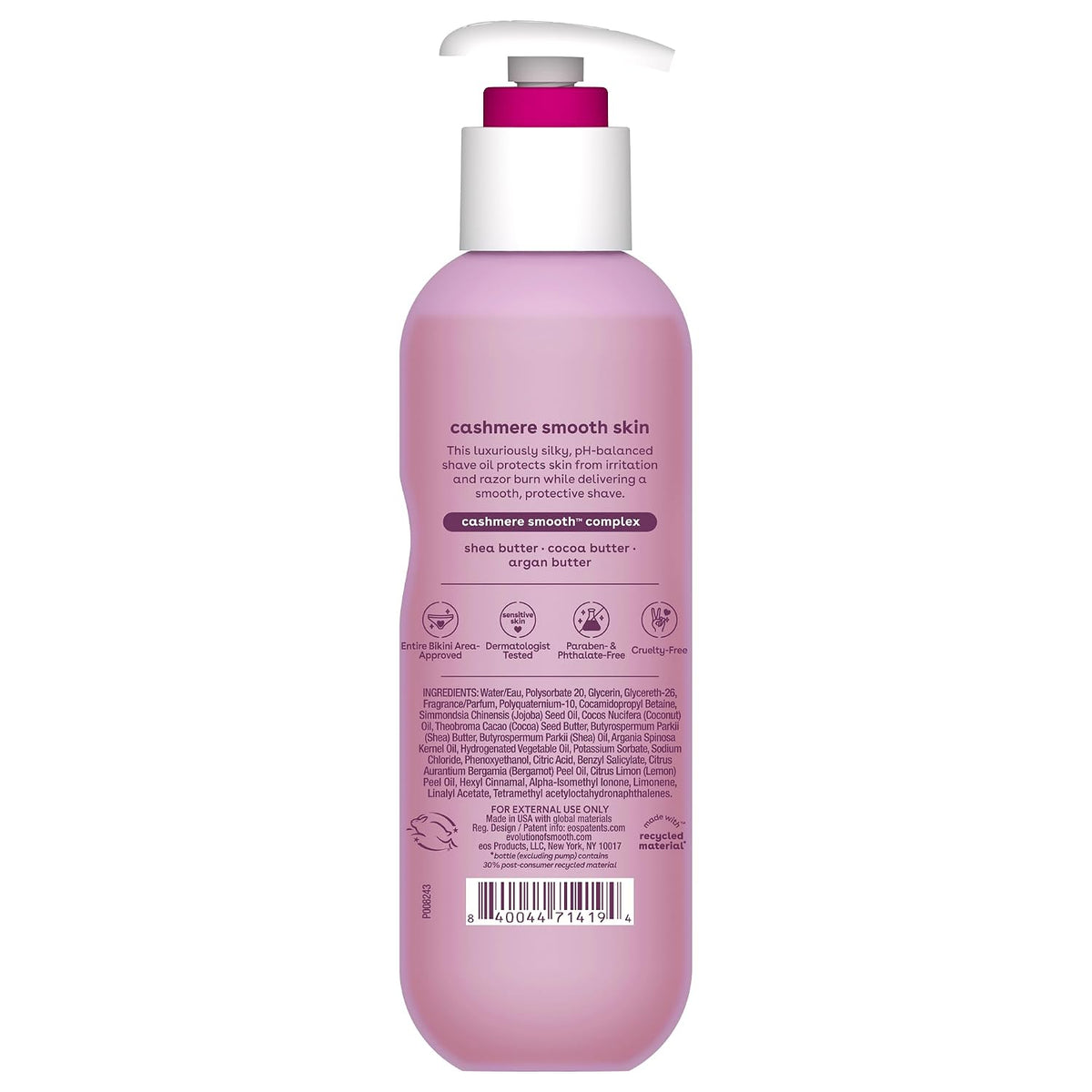 A bottle of Cashmere Smooth Complex body wash shown from the back, featuring a light pink bottle, a white pump dispenser, and a magenta cap on a solid white background.