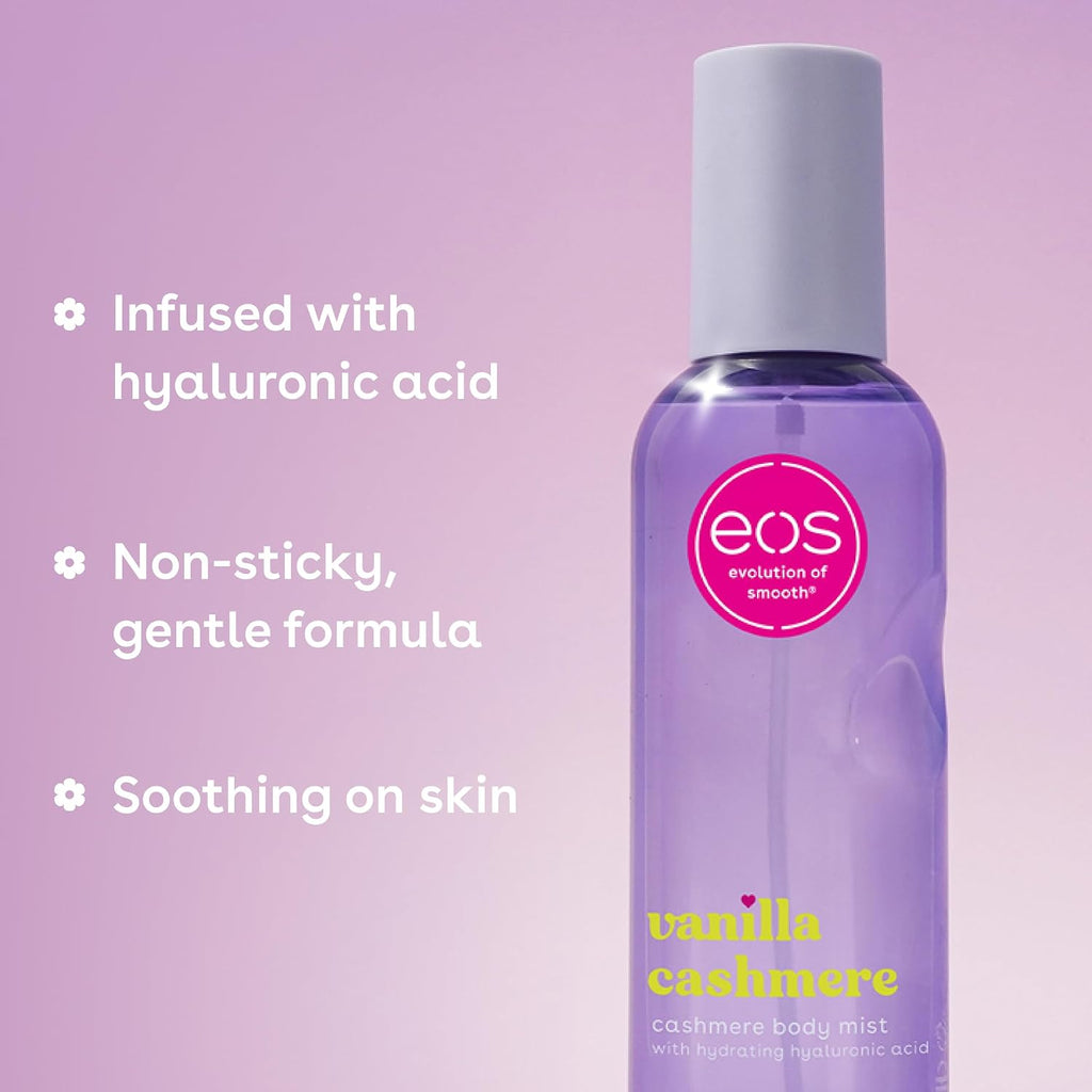 EOS vanilla cashmere body mist bottle on a purple background with product features listed.