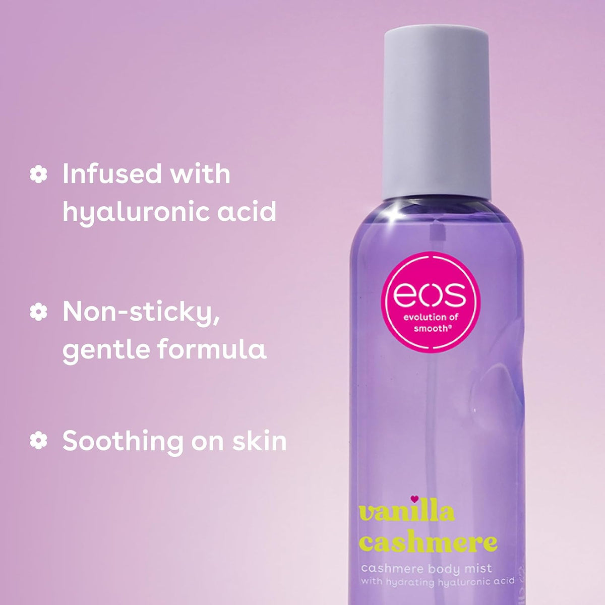 EOS vanilla cashmere body mist bottle on a purple background with product features listed.