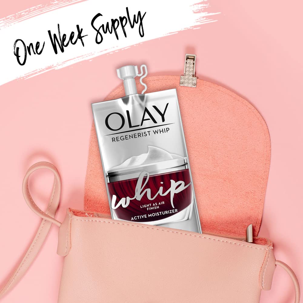 Olay Regenerist Whip moisturizer packaging with a pink background
