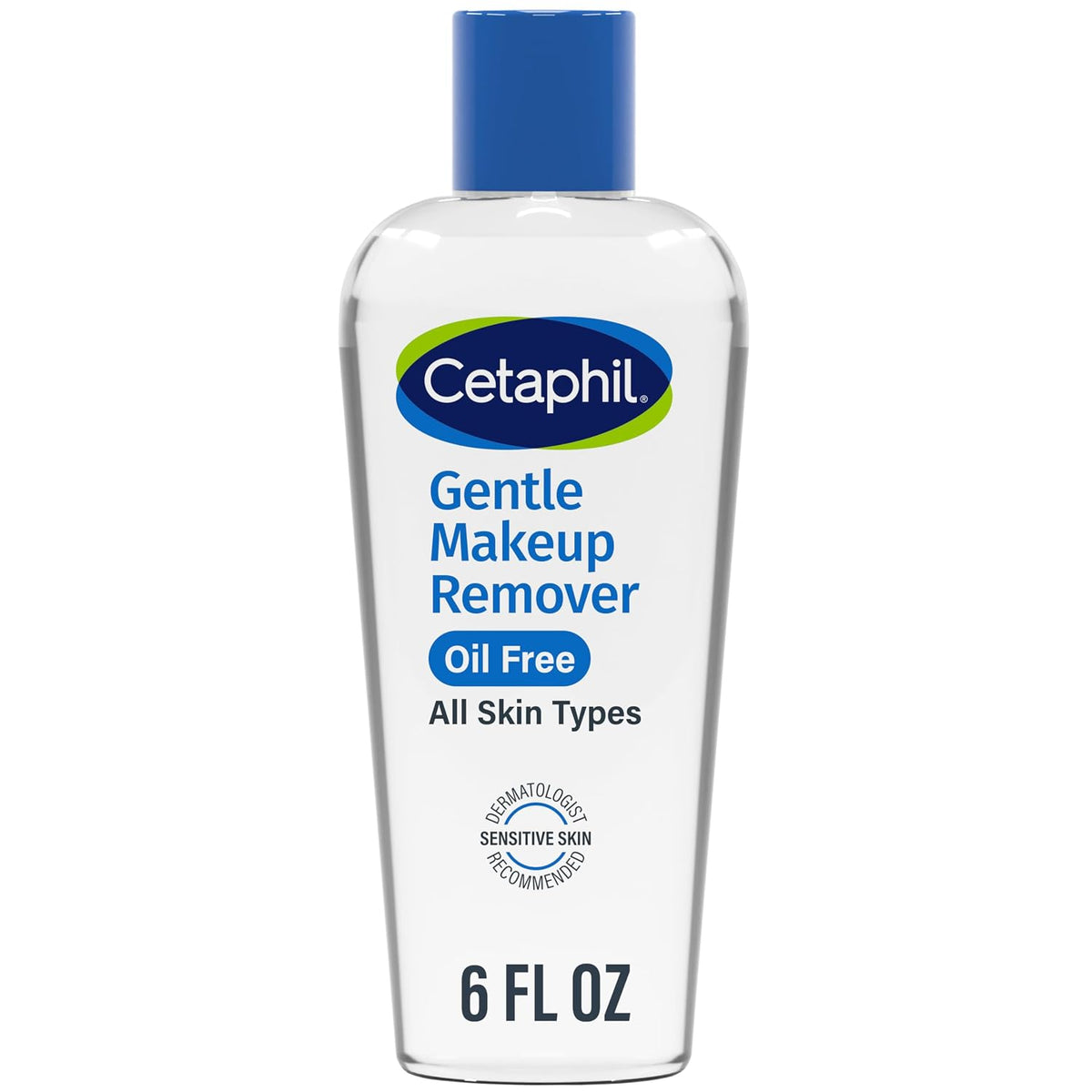 A 6 FL OZ bottle of Cetaphil Gentle Makeup Remover, Oil Free, with a blue cap and white label, shown on a plain white background.