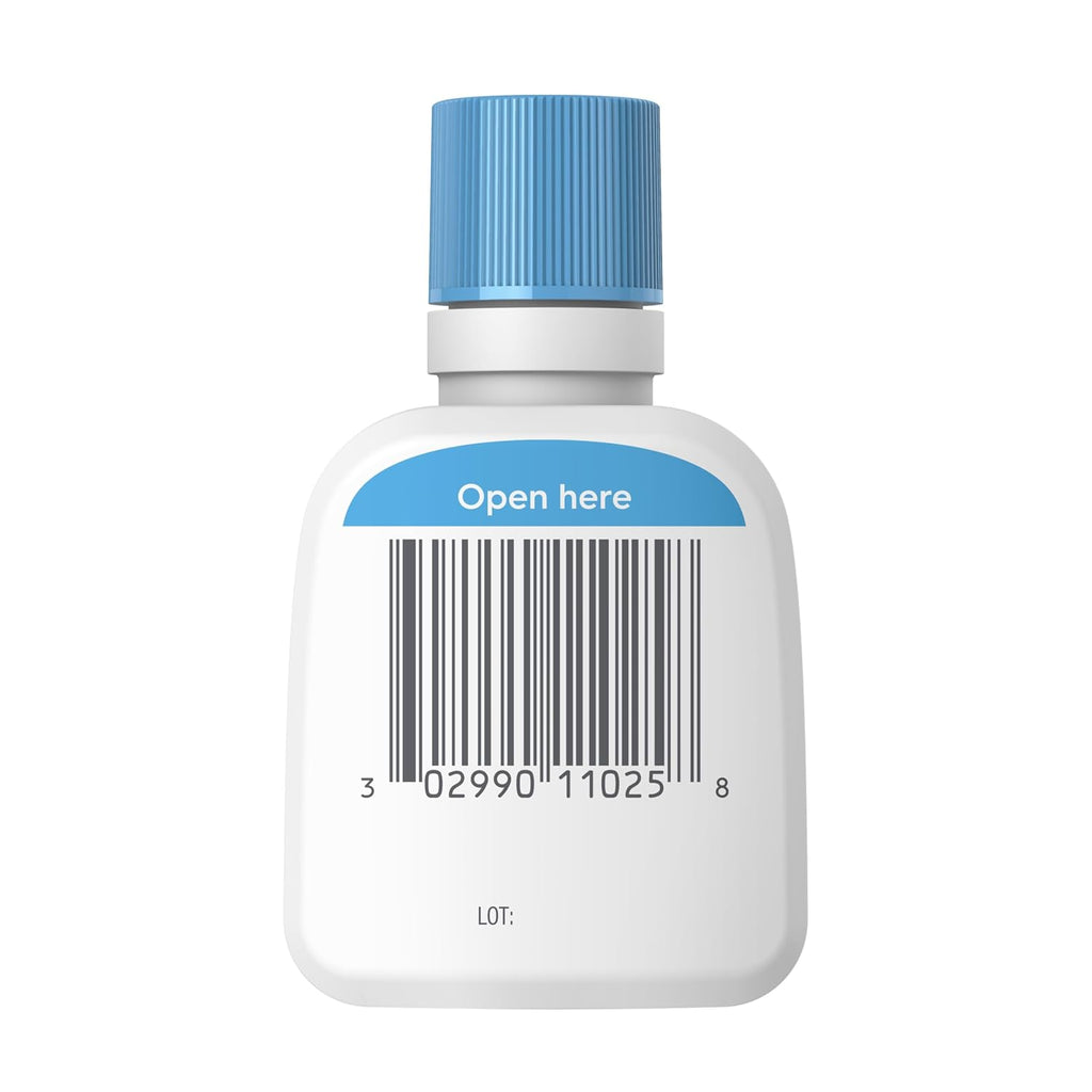 A white plastic bottle with a ribbed light blue cap and a blue label reading 'Open here' above a barcode, shown on a plain white background.