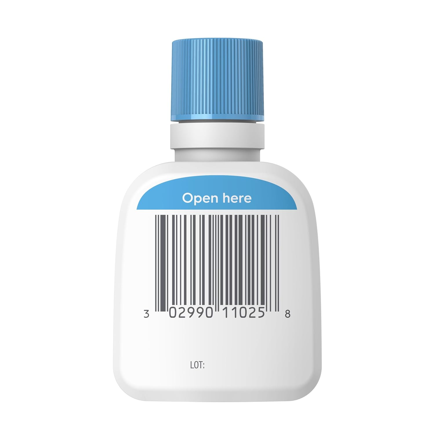 A white plastic bottle with a ribbed light blue cap and a blue label reading 'Open here' above a barcode, shown on a plain white background.