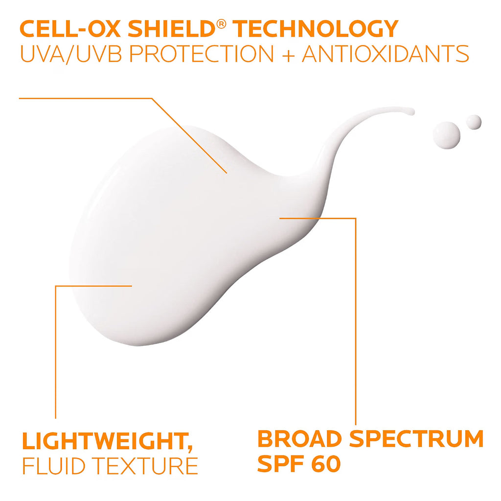 A white cosmetic droplet graphic on a light gray background with orange text reading 'CELL-OX SHIELD TECHNOLOGY UVA/UVB PROTECTION + ANTIOXIDANTS' and callout labels 'LIGHTWEIGHT, FLUID TEXTURE' and 'BROAD SPECTRUM SPF 60'.