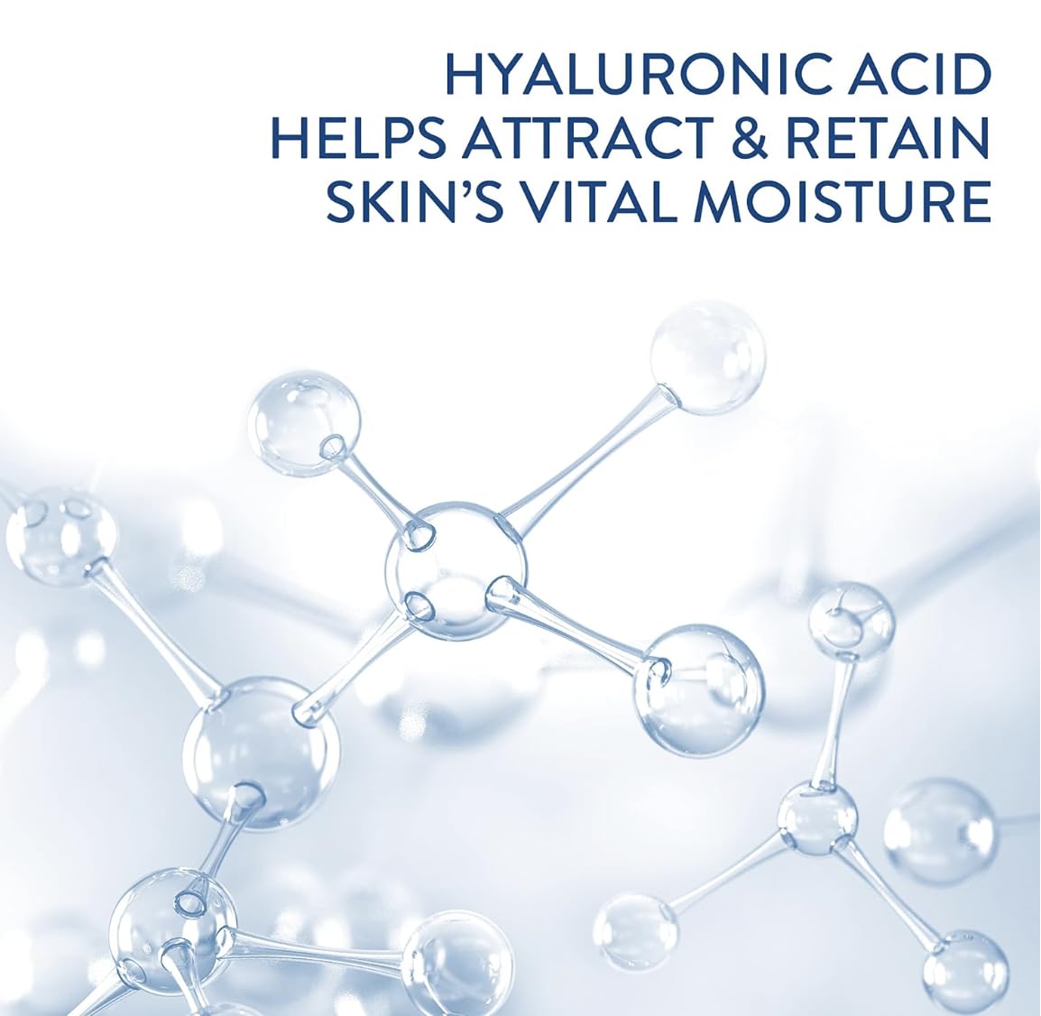 Hyaluronic acid molecule model with text about skin moisture on a light blue background