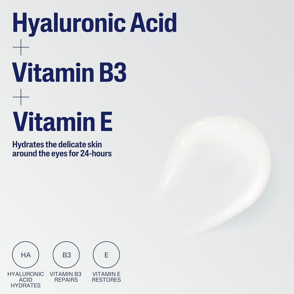 Skincare product with hyaluronic acid, vitamin B3, and vitamin E on a light gray background
