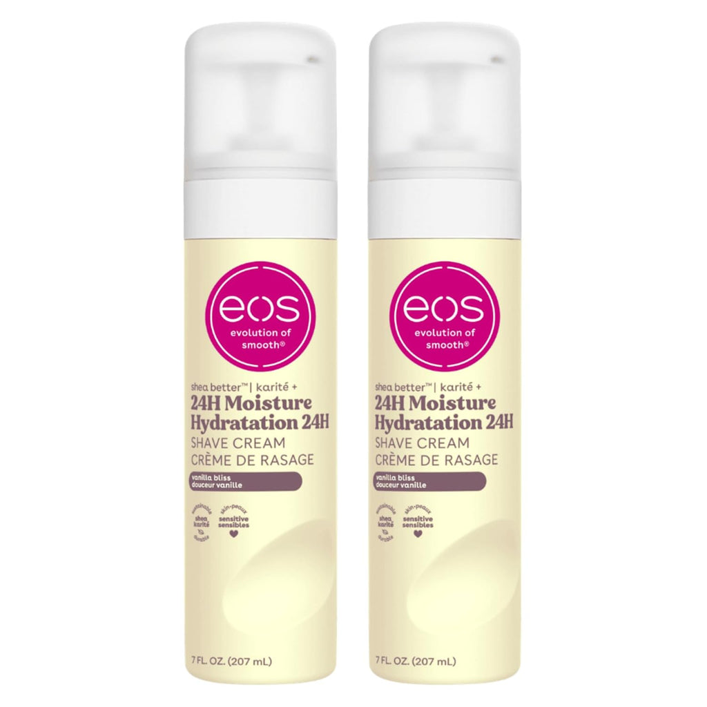 Two bottles of EOS 24H Moisture Hydration 24H Shave Cream side by side on a white background.