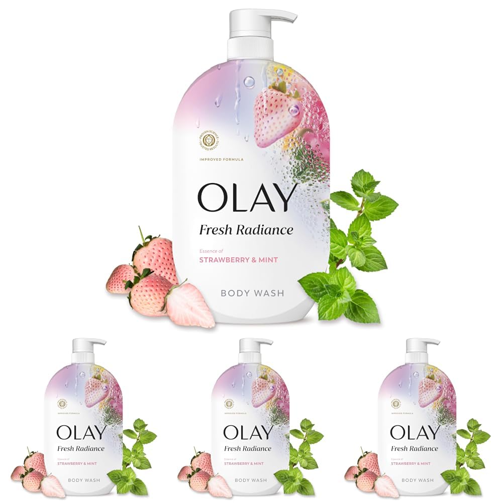 Four bottles of Olay Fresh Radiance Strawberry & Mint body wash arranged on a white background, with strawberries and mint leaves placed around the bottles.
