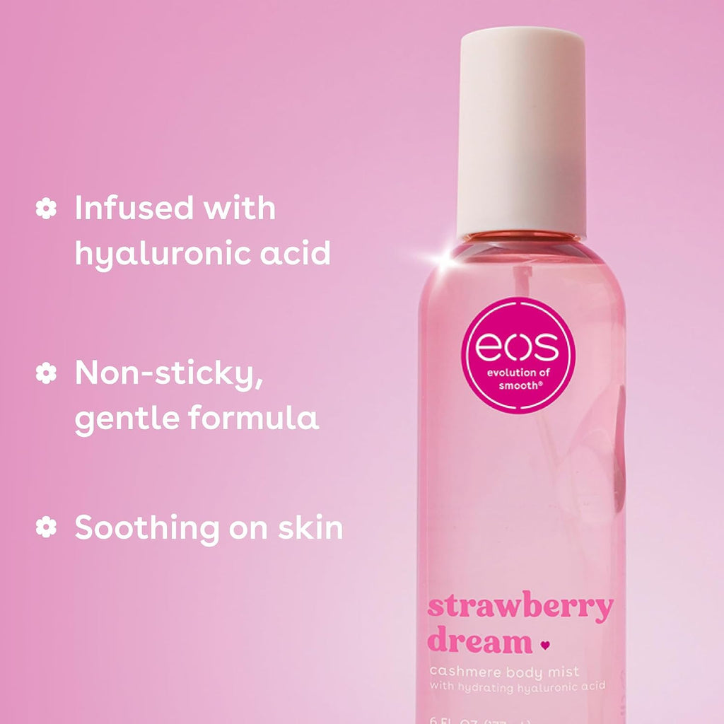 Pink bottle of eos Strawberry Dream body mist on a pink background with product features listed.