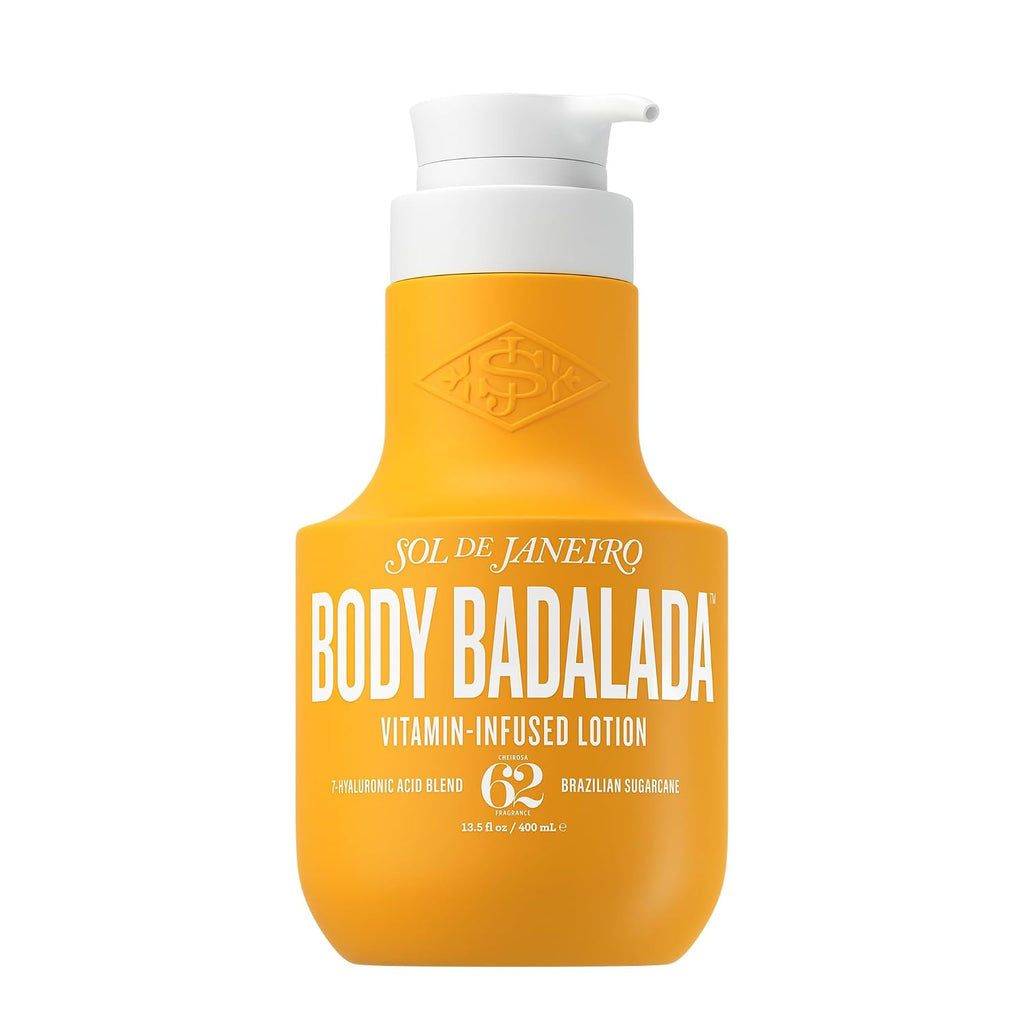 Sol de Janeiro Body Badalada Vitamin-Infused Lotion in a bright yellow-orange pump bottle with a white cap, on a plain white background.