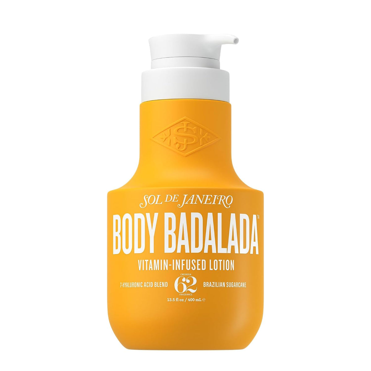 Sol de Janeiro Body Badalada Vitamin-Infused Lotion in a bright yellow-orange pump bottle with a white cap, on a plain white background.