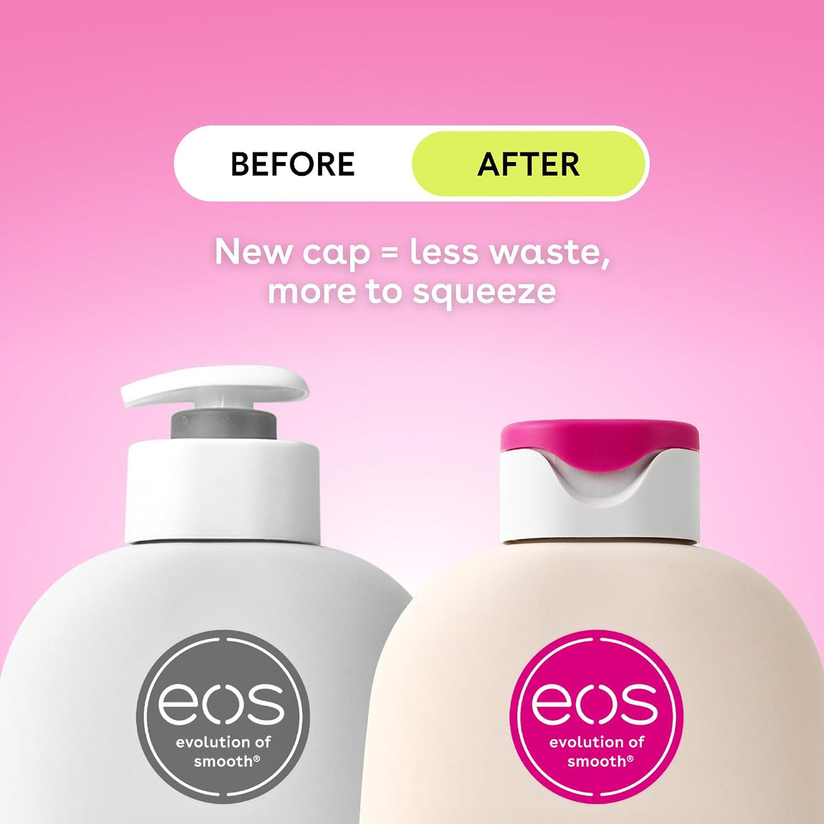 Two EOS lip balm bottles with a pink background and text about new cap design.
