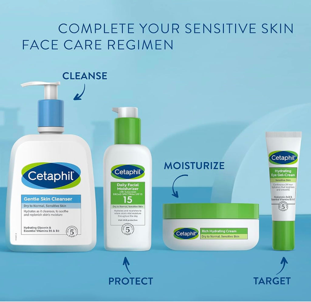 Cetaphil skincare products on a blue background with text indicating steps for a sensitive skin care regimen.
