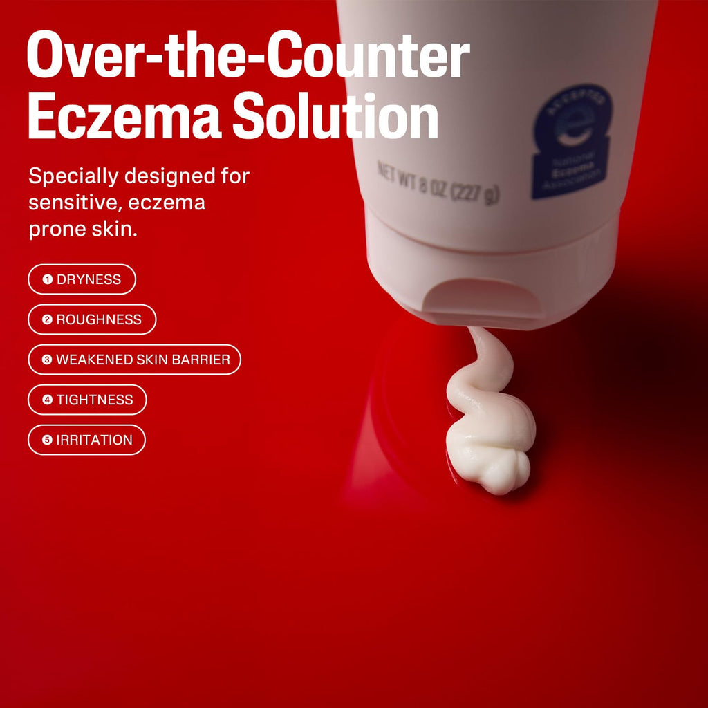 Over-the-counter eczema solution with cream being squeezed out on a red background