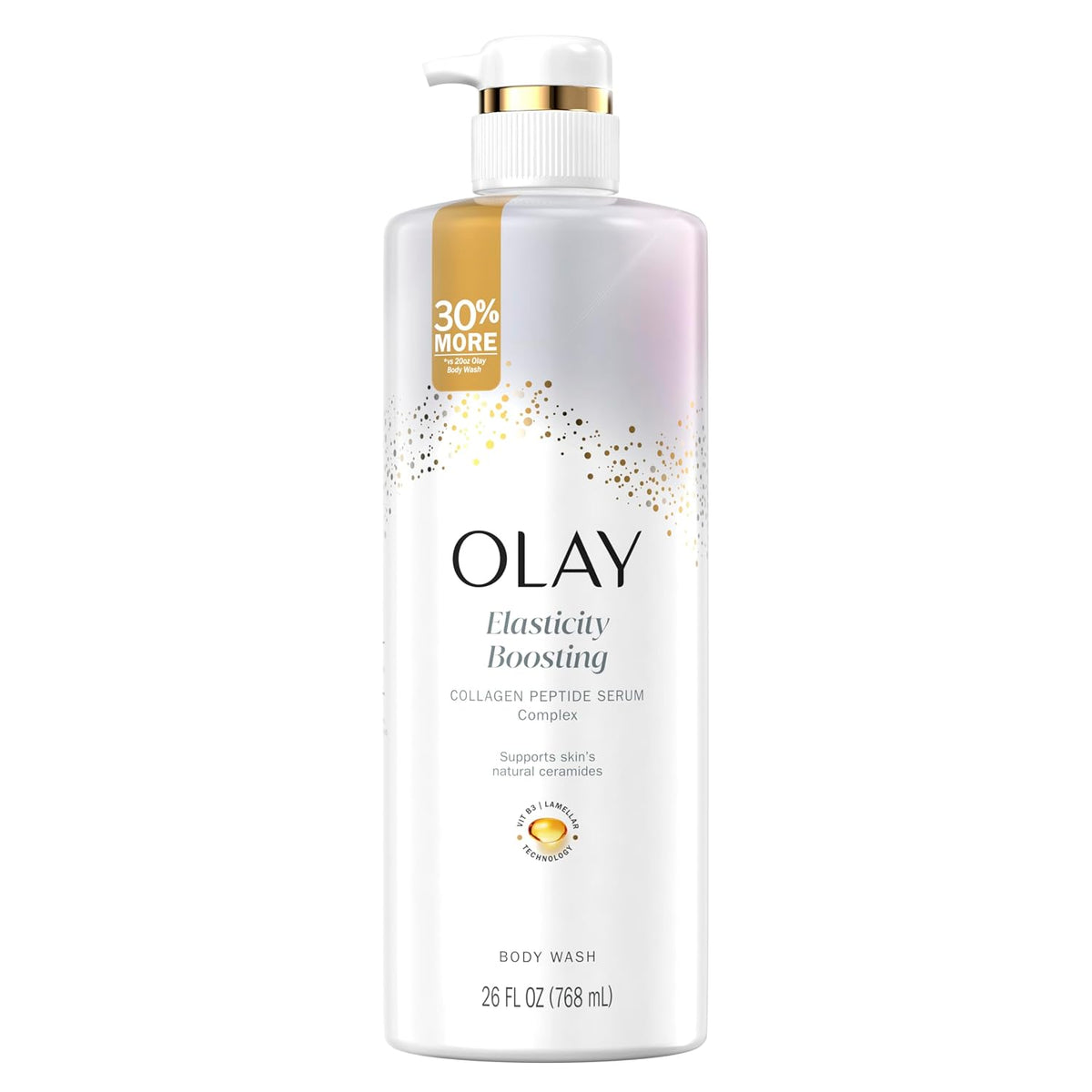 Olay Elasticity Boosting body wash bottle on a white background