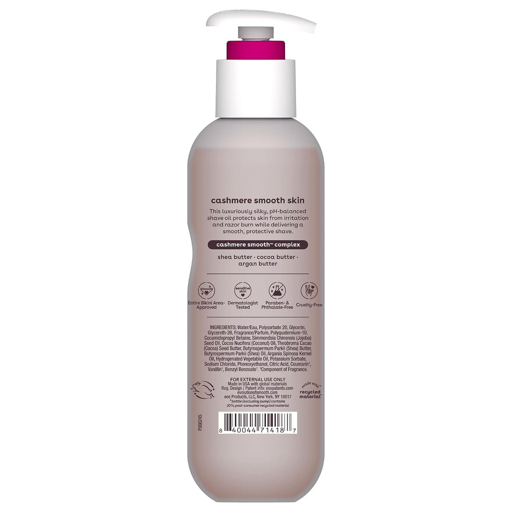 Back view of a Cashmere Smooth Skin hair conditioner bottle with a white pump and a magenta cap, on a white background.
