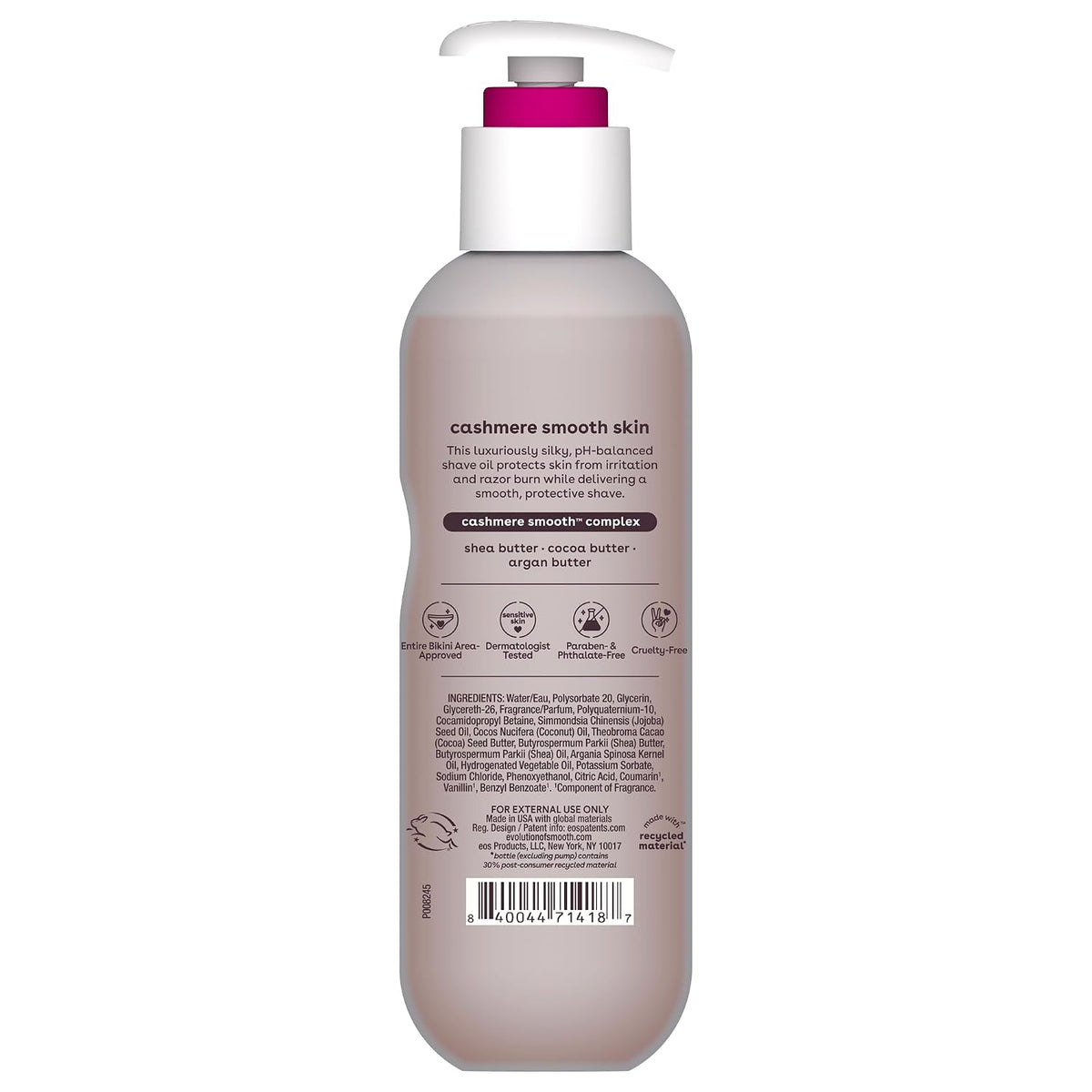 Back view of a Cashmere Smooth Skin hair conditioner bottle with a white pump and a magenta cap, on a white background.
