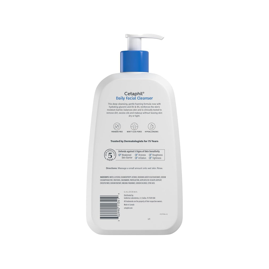 Cetaphil daily facial cleanser bottle with pump on a white background