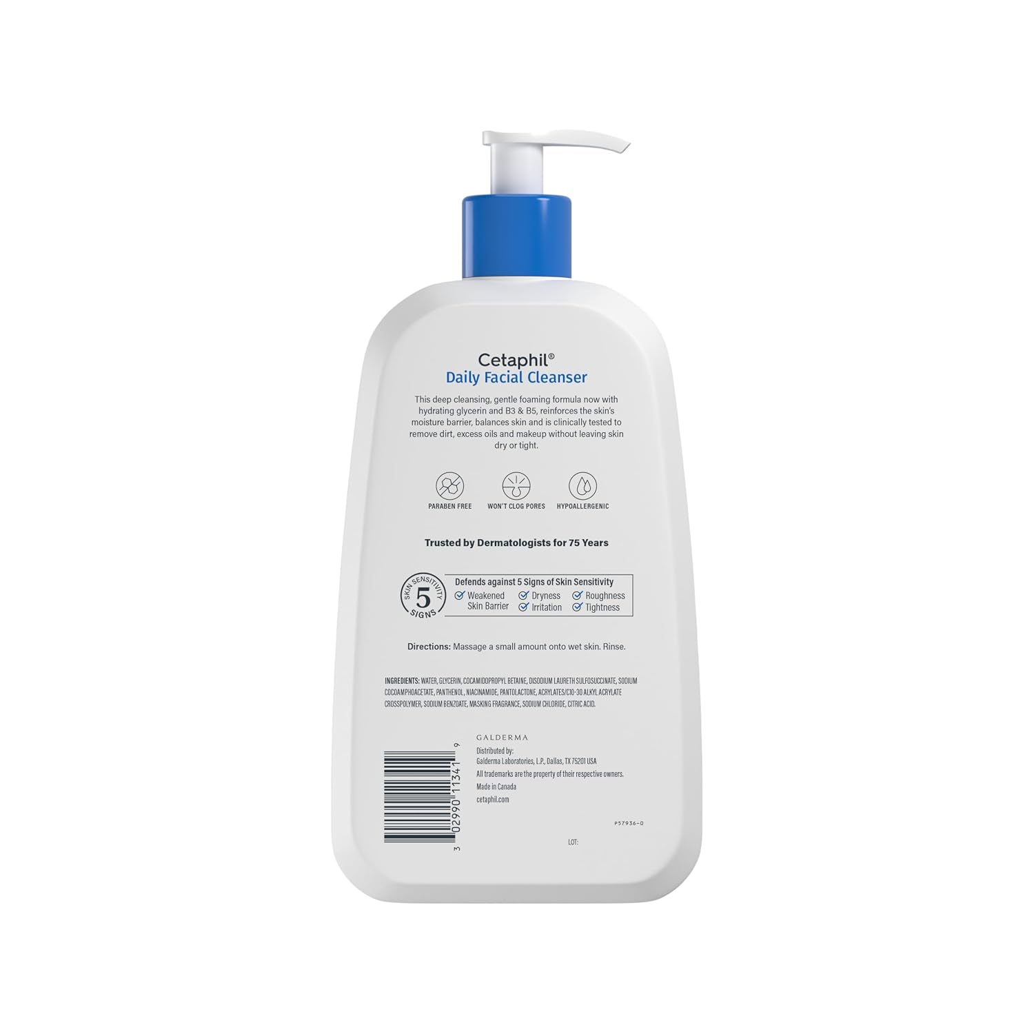 Cetaphil daily facial cleanser bottle with pump on a white background