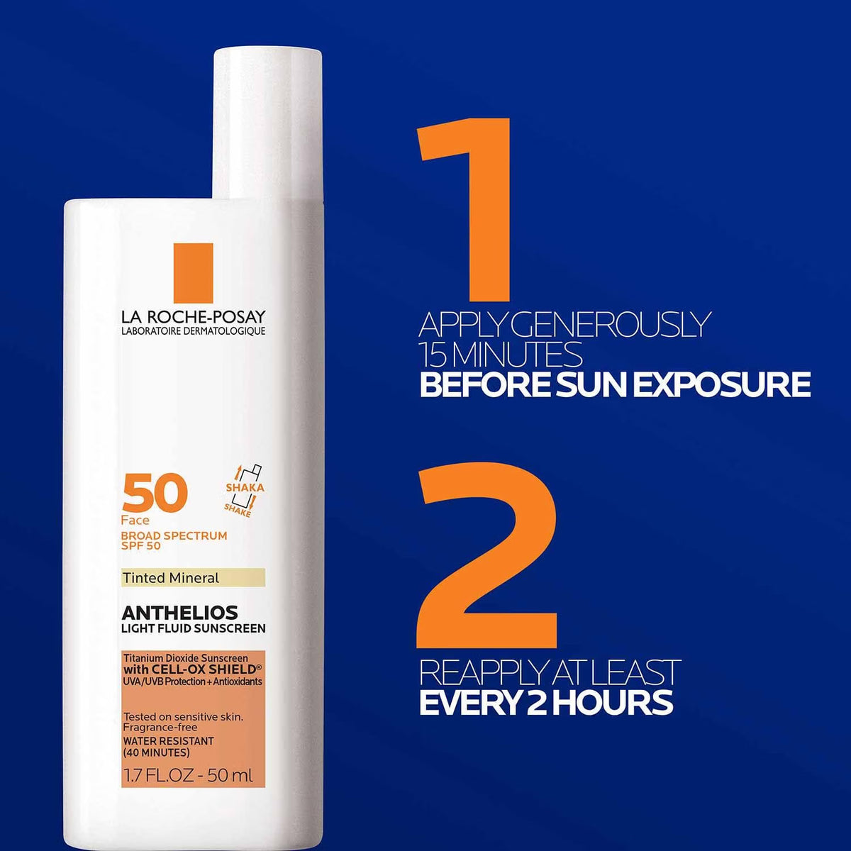 La Roche-Posay sunscreen bottle with application instructions on a blue background