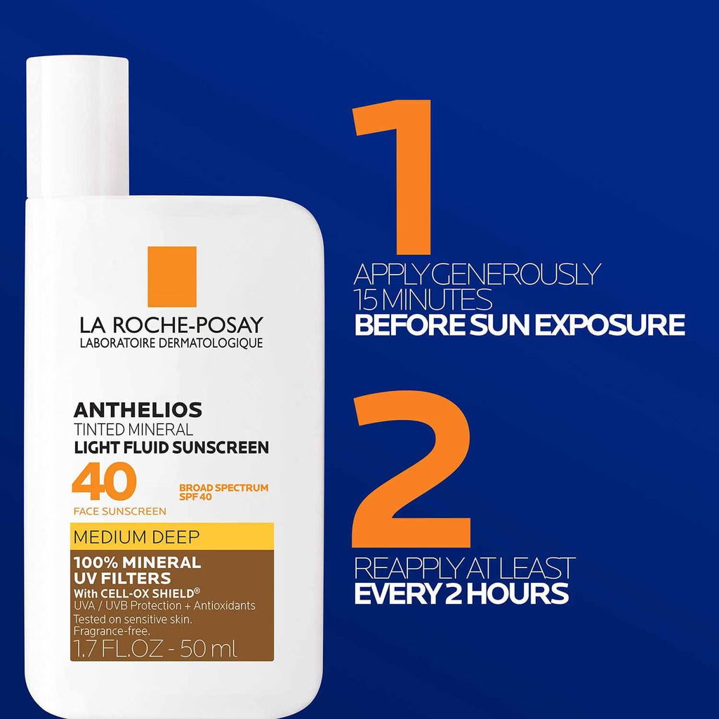 La Roche-Posay sunscreen bottle with application instructions on a blue background