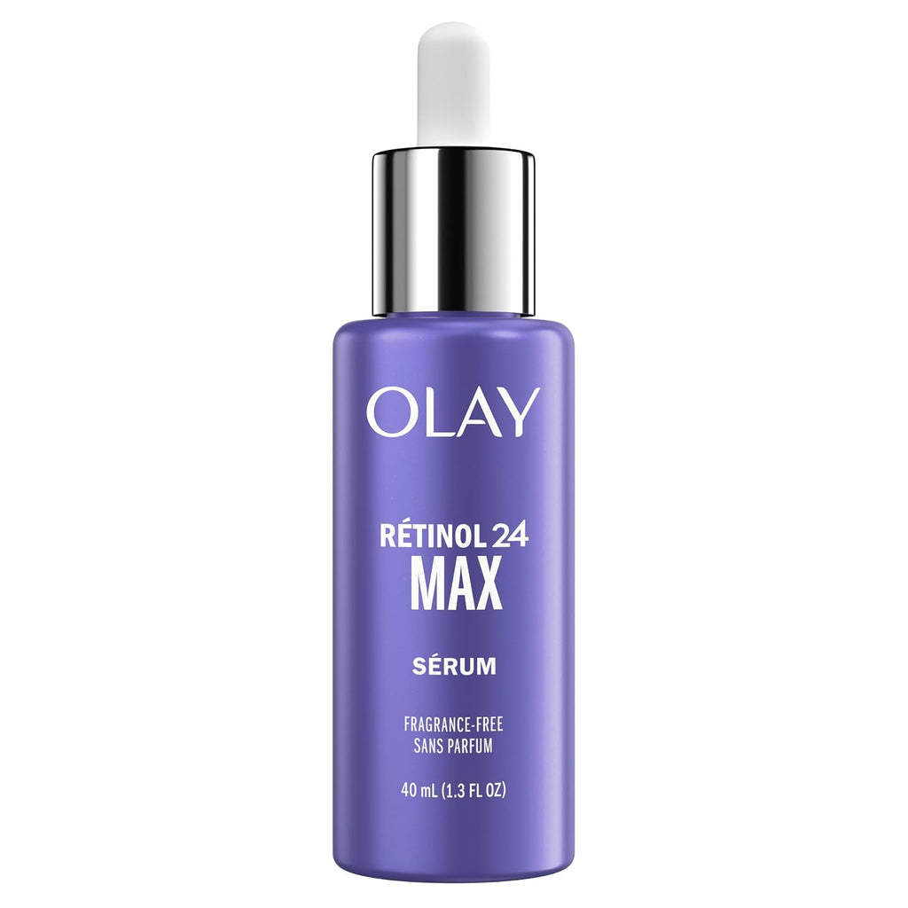Olay Rétinol 24 Max Serum in a purple bottle with a silver dropper cap, on a white background.