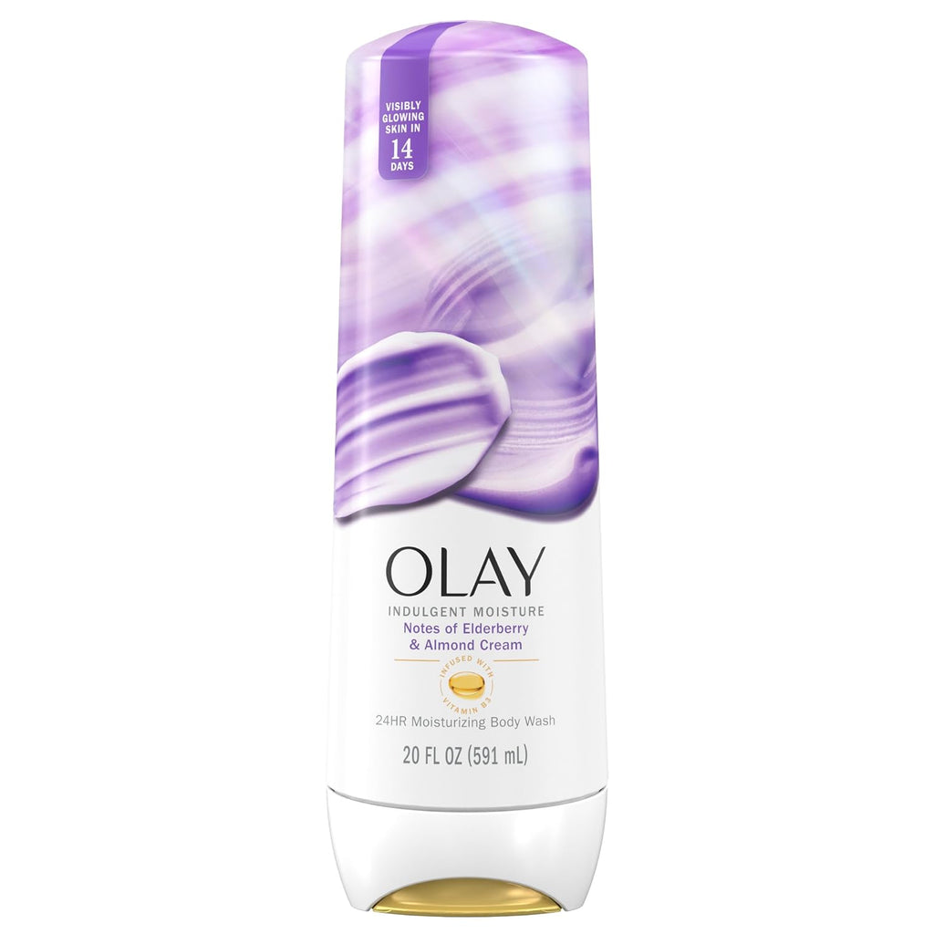 Olay body wash bottle with purple and white design on a white background