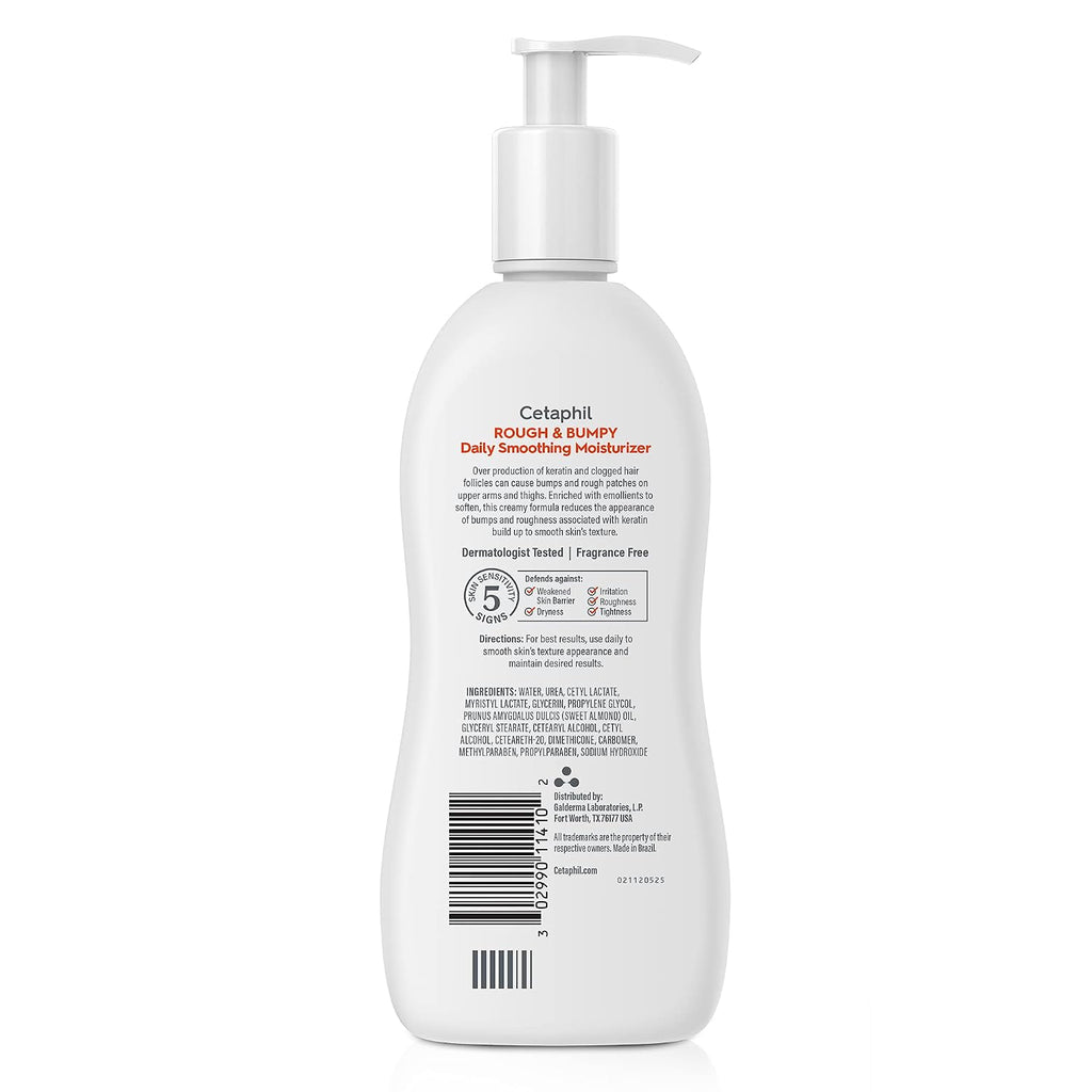 A white pump bottle of Cetaphil Rough & Bumpy Daily Smoothing Moisturizer shown from the back, featuring product text, a barcode, and a 5-year seal on a clean white background.