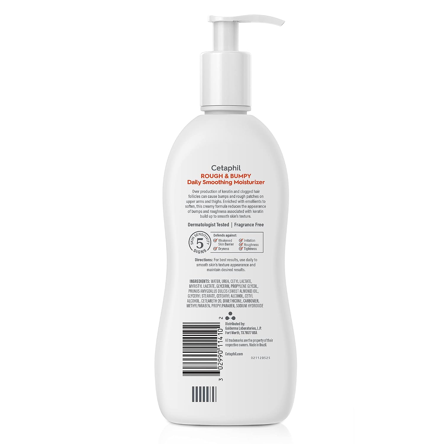 A white pump bottle of Cetaphil Rough & Bumpy Daily Smoothing Moisturizer shown from the back, featuring product text, a barcode, and a 5-year seal on a clean white background.