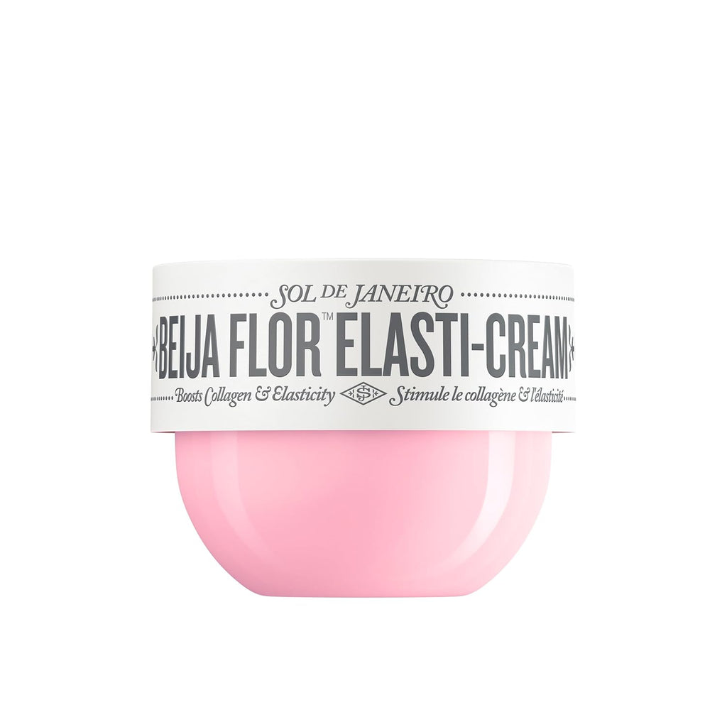 Pink jar of Bela Flor Elasti-Cream with Sol de Janeiro label on a white background