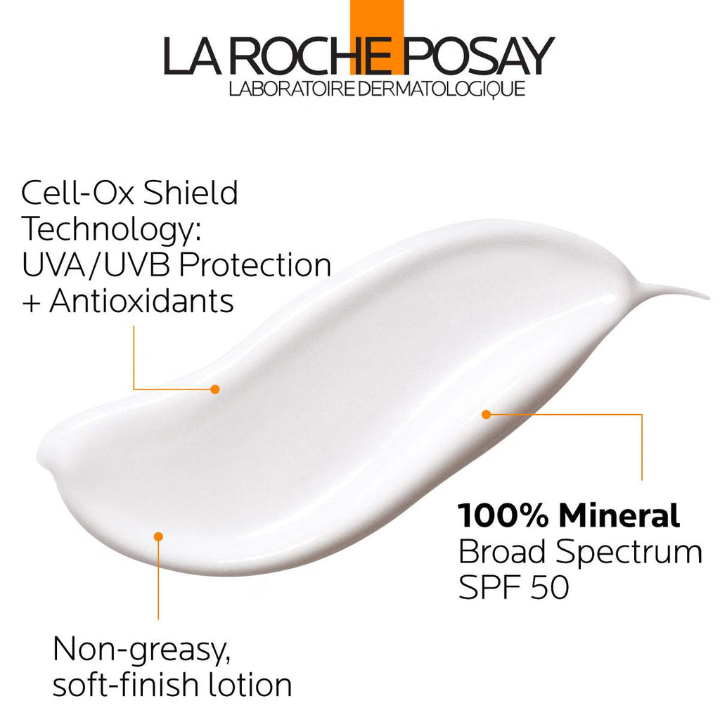 La Roche-Posay sunscreen lotion with text highlighting features on a white background