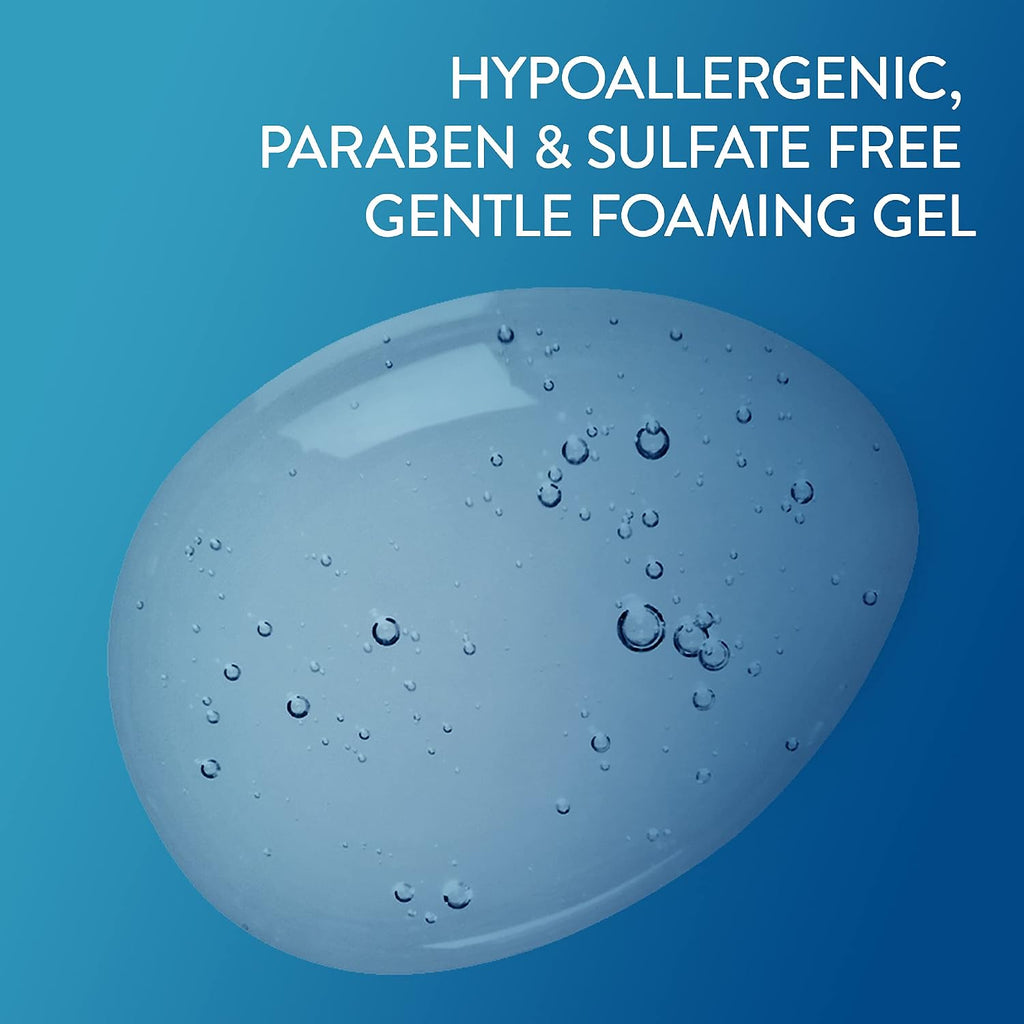 Hypoallergenic gentle foaming gel with bubbles on a blue background