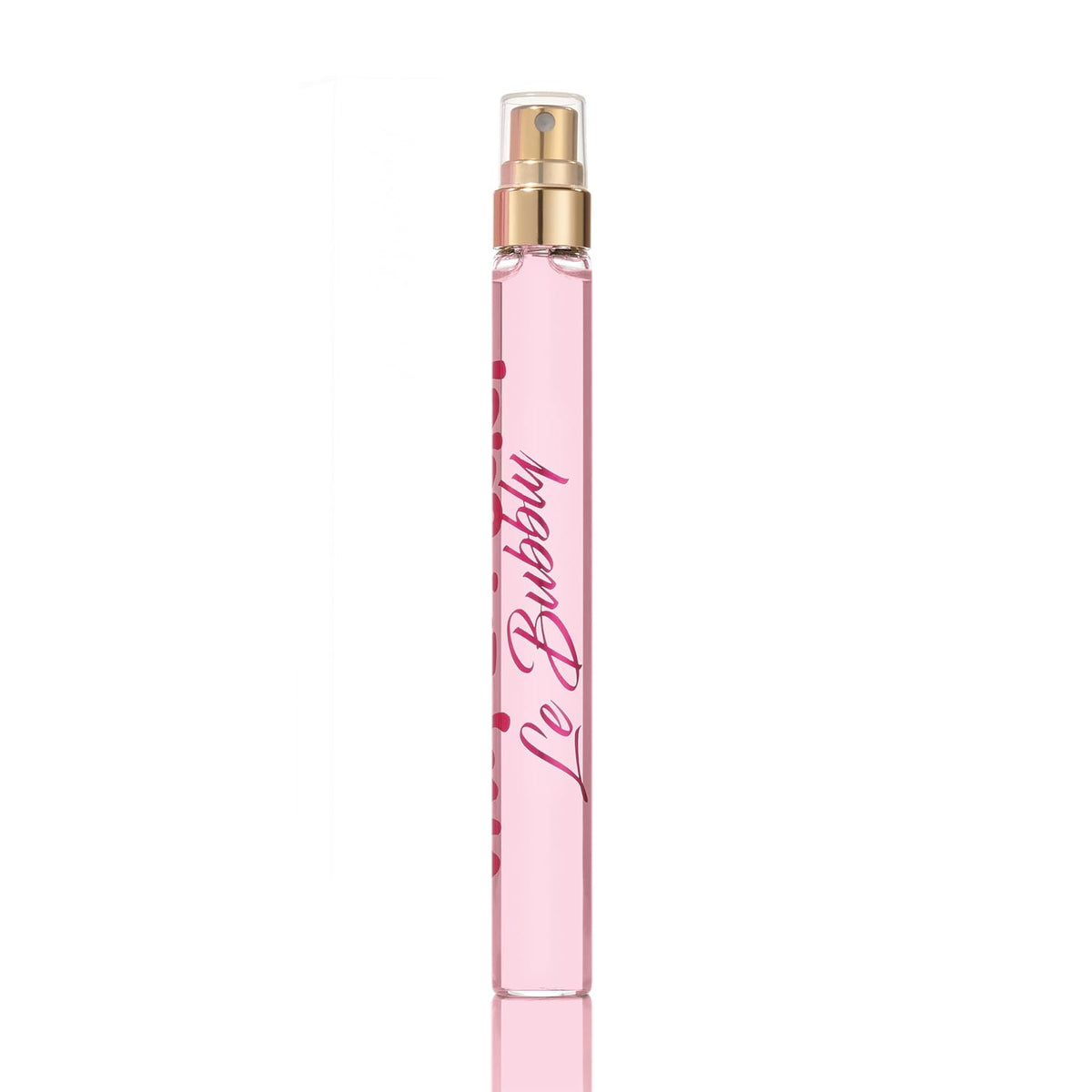 Pink perfume bottle with gold nozzle on a white background