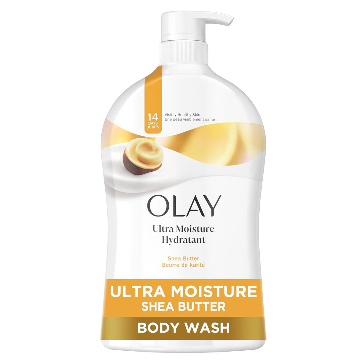 A bottle of Olay Ultra Moisture Shea Butter Body Wash on a plain white background. The bottle is white with a pump dispenser, featuring a label with gold and orange accents and an image of a shea nut.