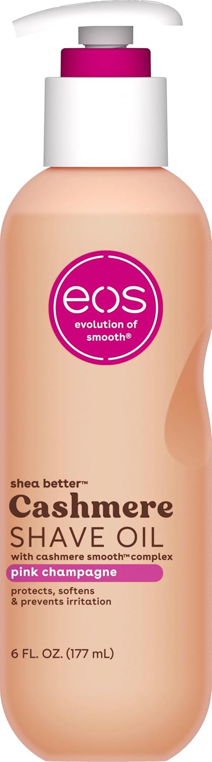 EOS Cashmere Shave Oil in a 6 fl. oz. pump bottle with a peach-colored body, white pump, and magenta accents.