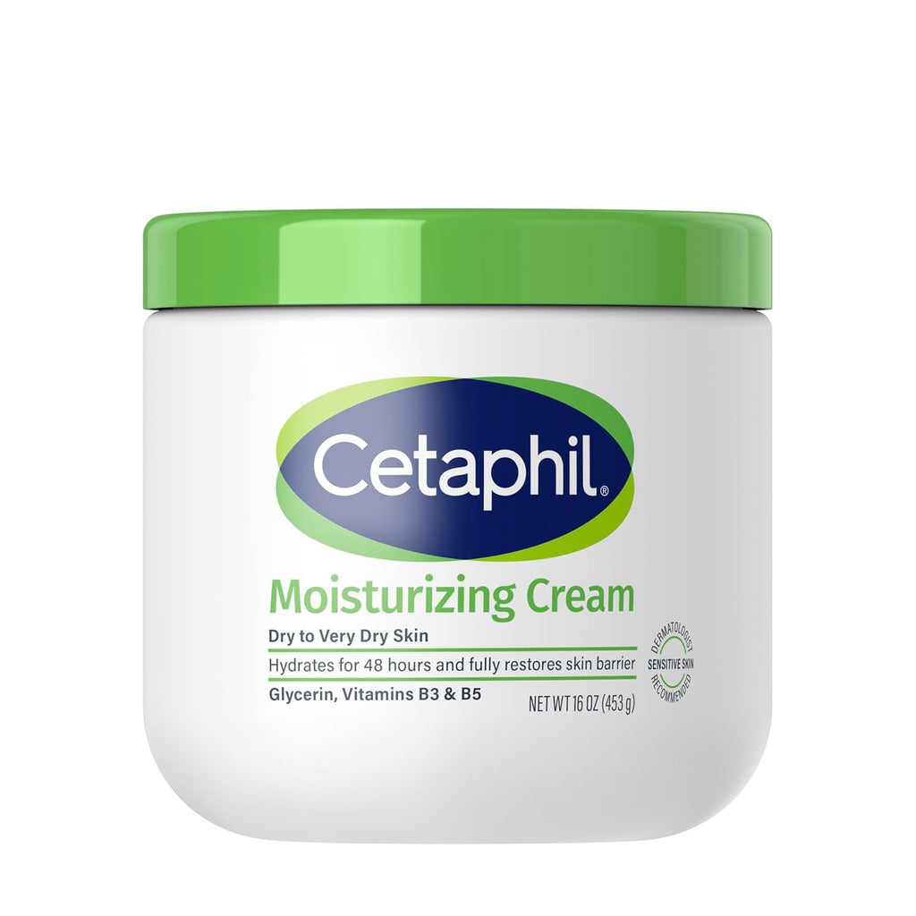 Cetaphil moisturizing cream jar with green lid on a white background