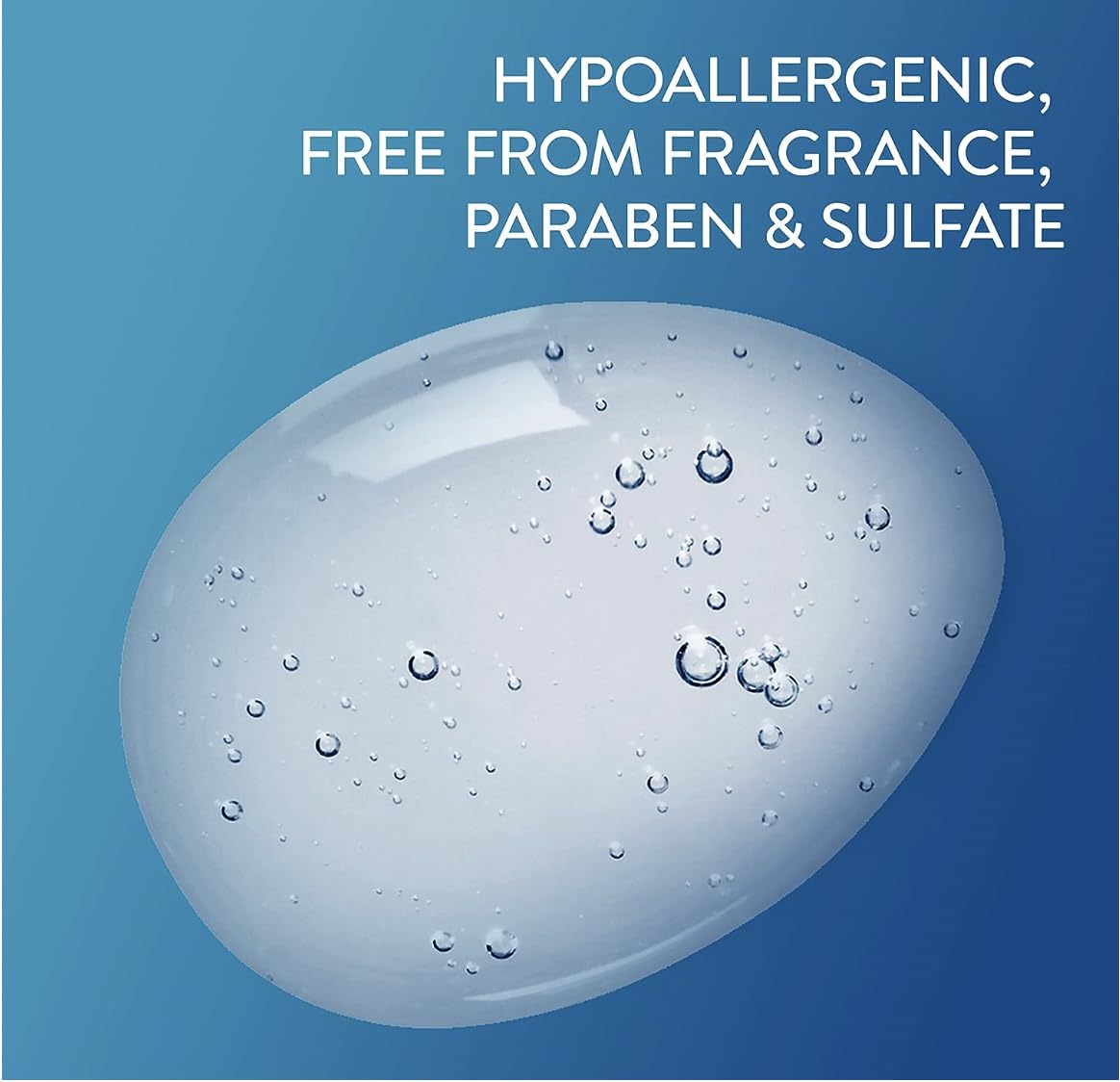 Foam with bubbles on a blue background, featuring text about product properties.