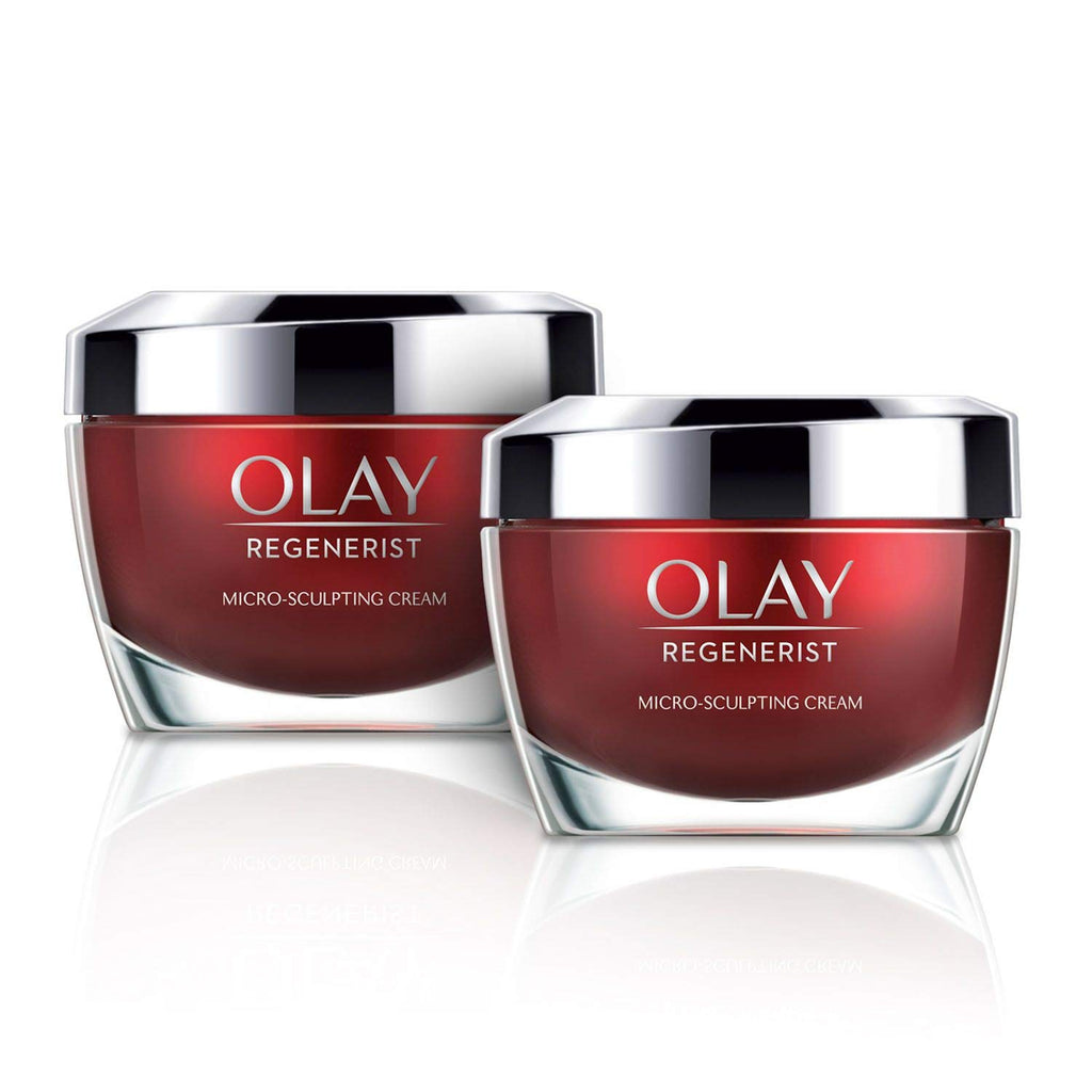 Two jars of Olay Regenerist micro-sculpting cream on a white background