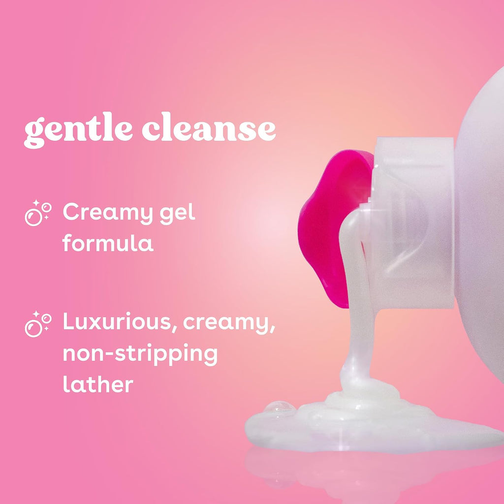 Product with creamy gel formula and luxurious lather on a pink background