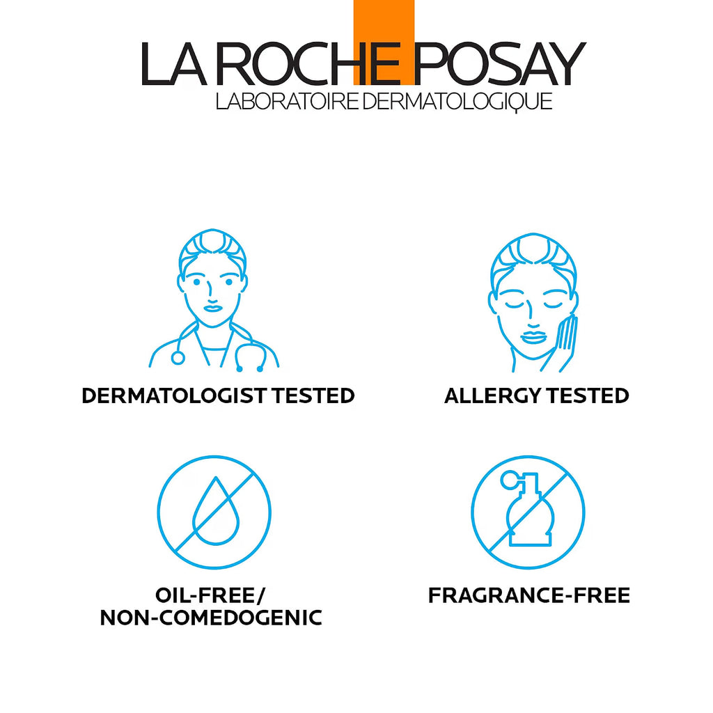 La Roche-Posay logo with icons indicating dermatologist tested, allergy tested, oil-free/non-comedogenic, and fragrance-free.