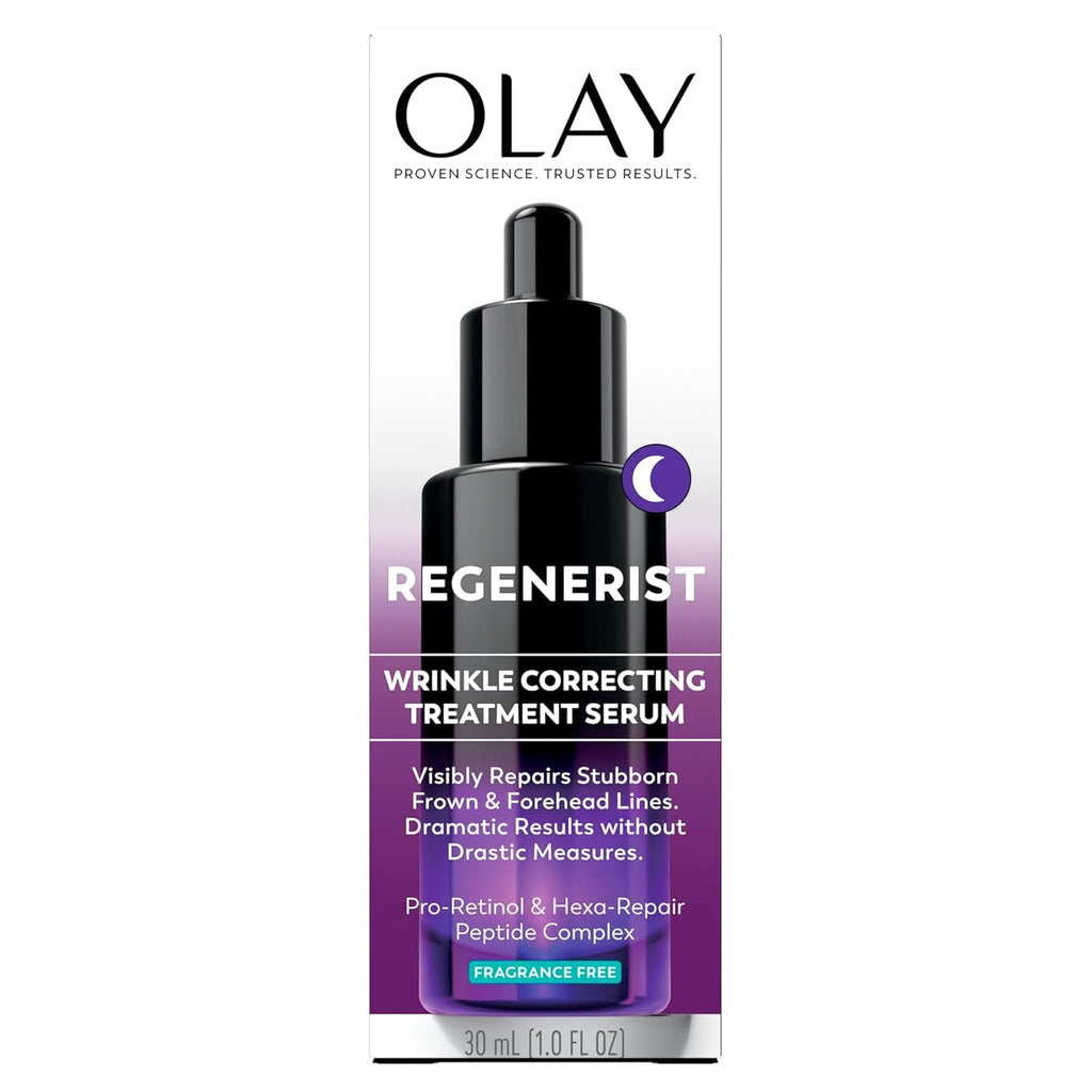 Olay Regenerist Wrinkle Correcting Treatment Serum in a black dropper bottle with its white and purple packaging box, shown on a plain white background.